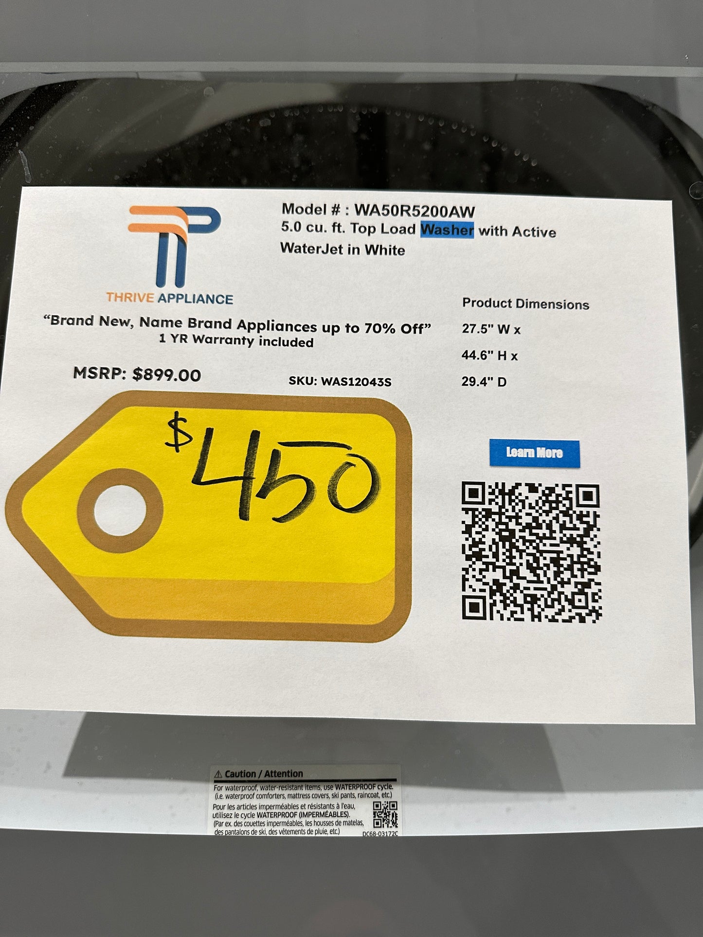 SAMSUNG TOP LOAD WASHER with ACTIVE WATERJET MODEL: WA50R5200AW WAS12043S