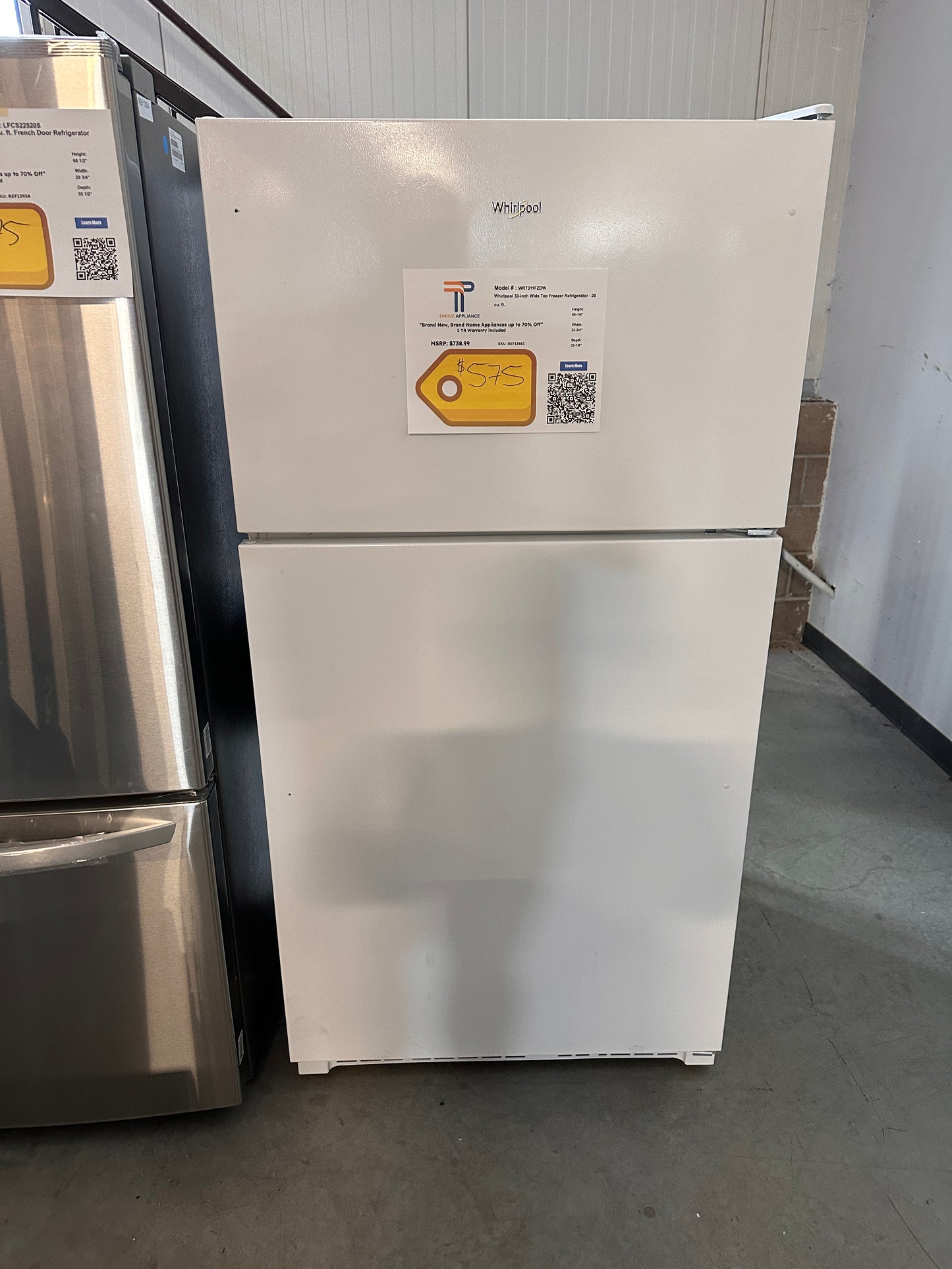 GREAT NEW WHIRLPPOL REFRIGERATOR with TOP FREEZER MODEL: WRT311FZDW REF13883