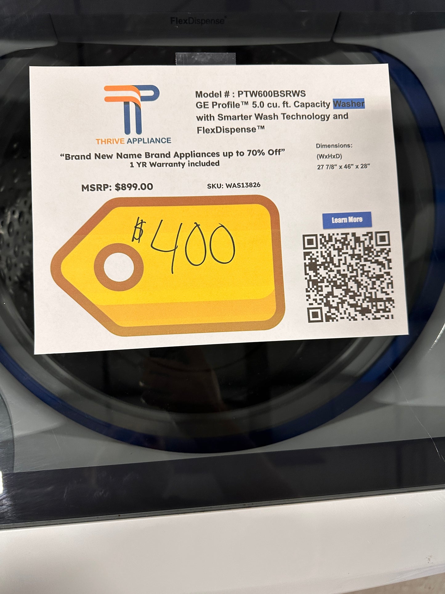 BRAND NEW GE PROFILE SMART TOP LOAD WASHING MACHINE MODEL: PTW600BSRWS WAS13826