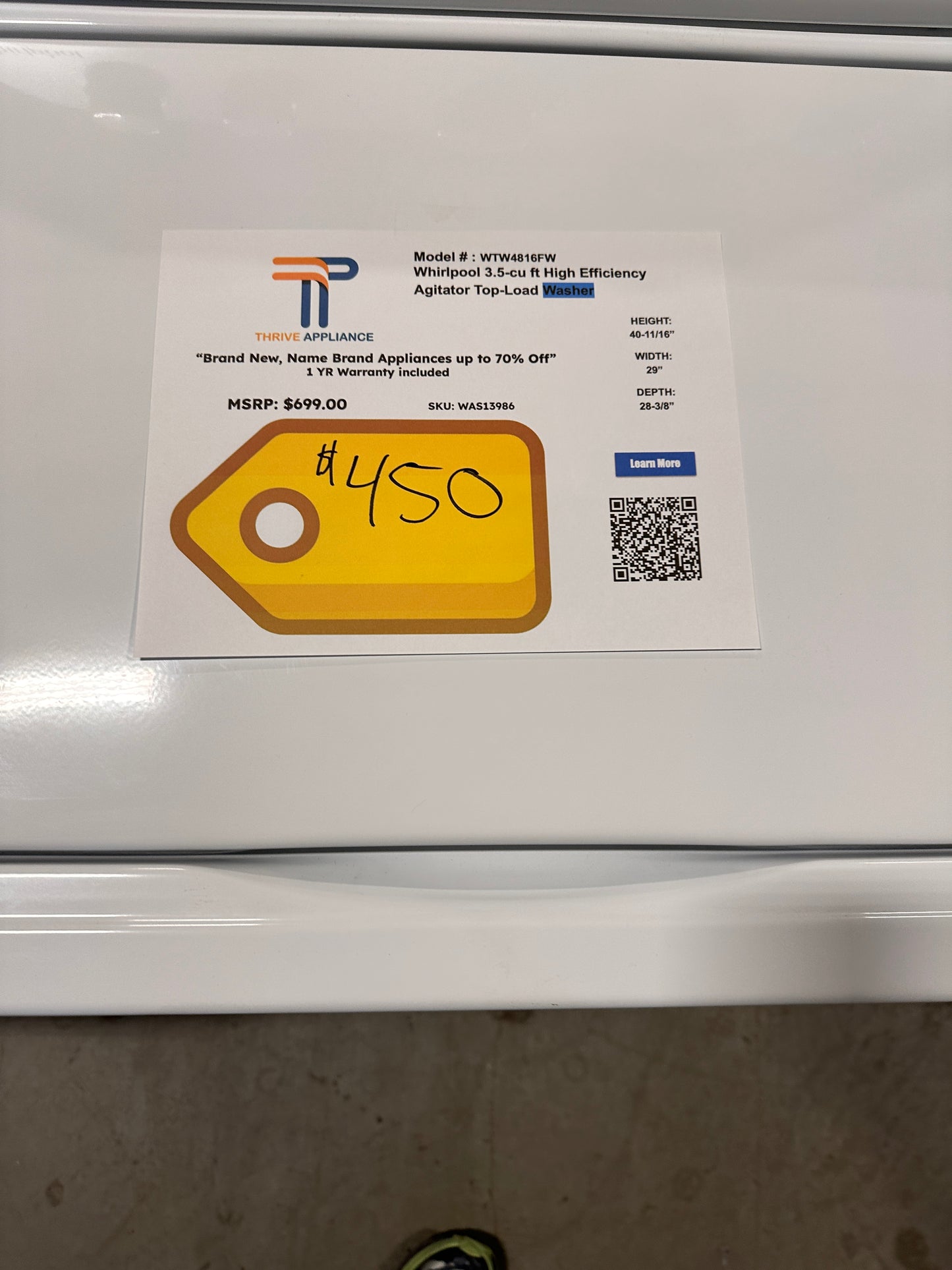 GREAT NEW WHIRLPOOL TOP LOAD WASHING MACHINE MODEL: WTW4816FW WAS13986