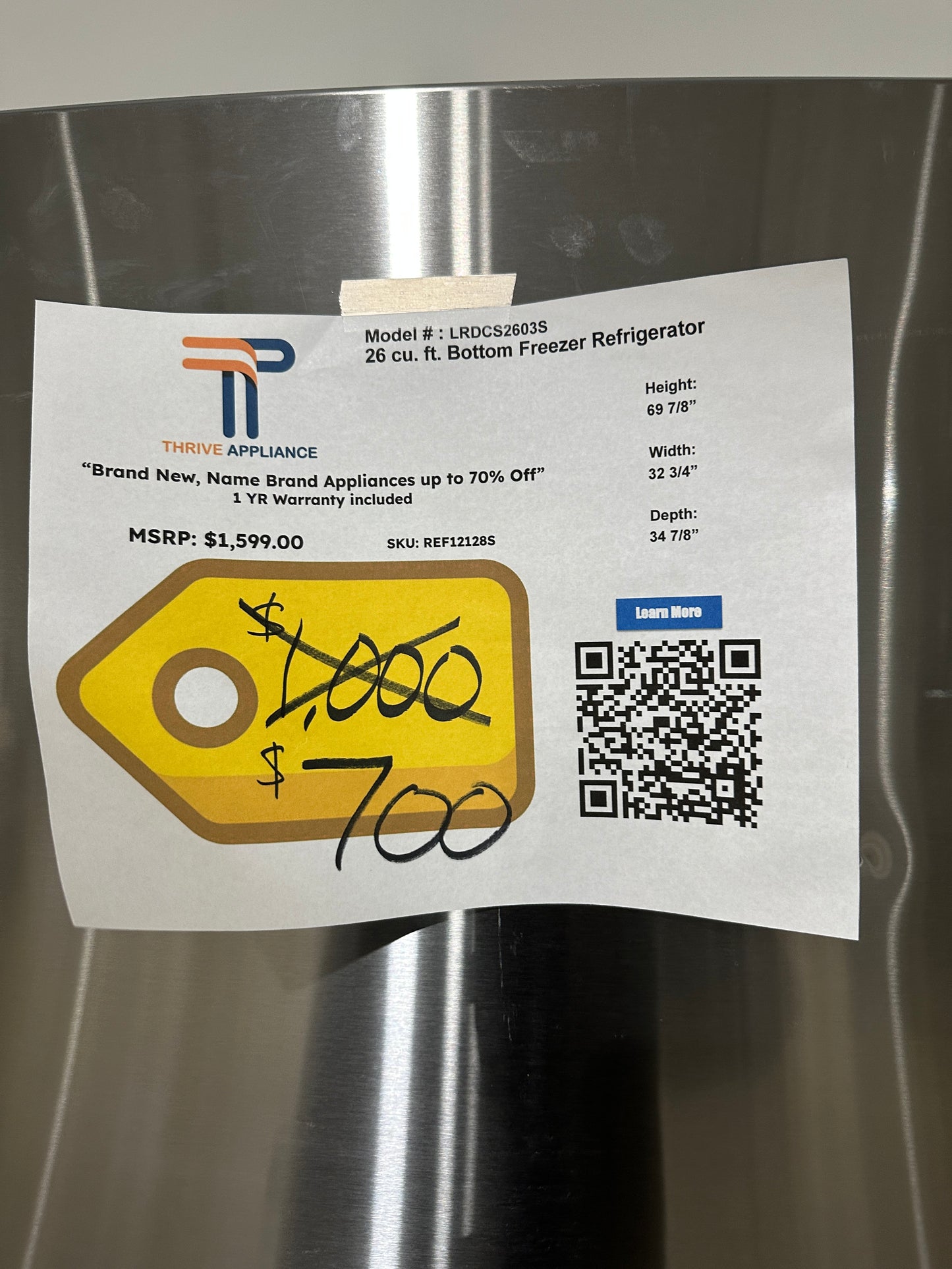 DISCOUNTED Bottom-Freezer Refrigerator with Ice Maker - Model:LRDCS2603S REF12128S