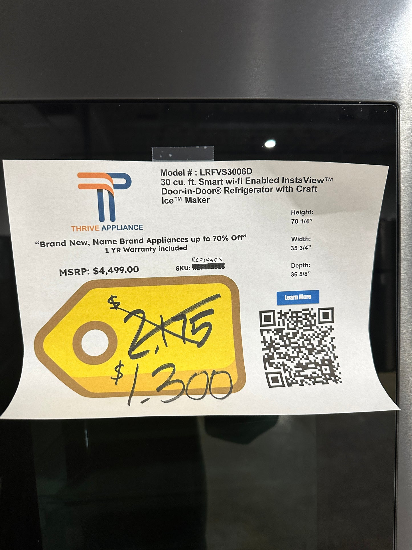 LARGEST DISCOUNT GREAT NEW SMART LG REFRIGERATOR Model:LRFVS3006D REF11535S