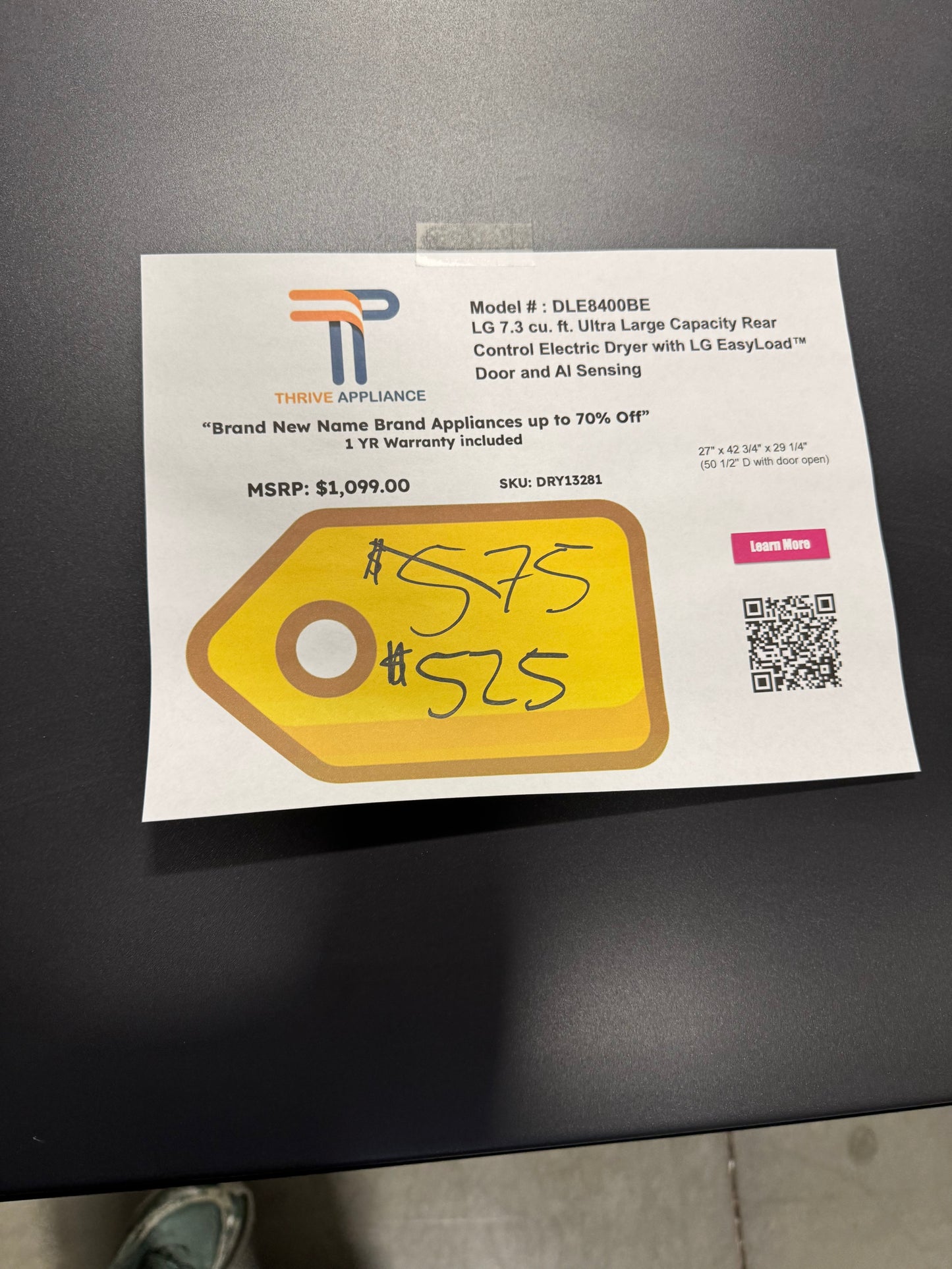 LG 7.3 cu. ft. Ultra Large Capacity Rear Control Electric Dryer with LG EasyLoad™ Door and AI Sensing