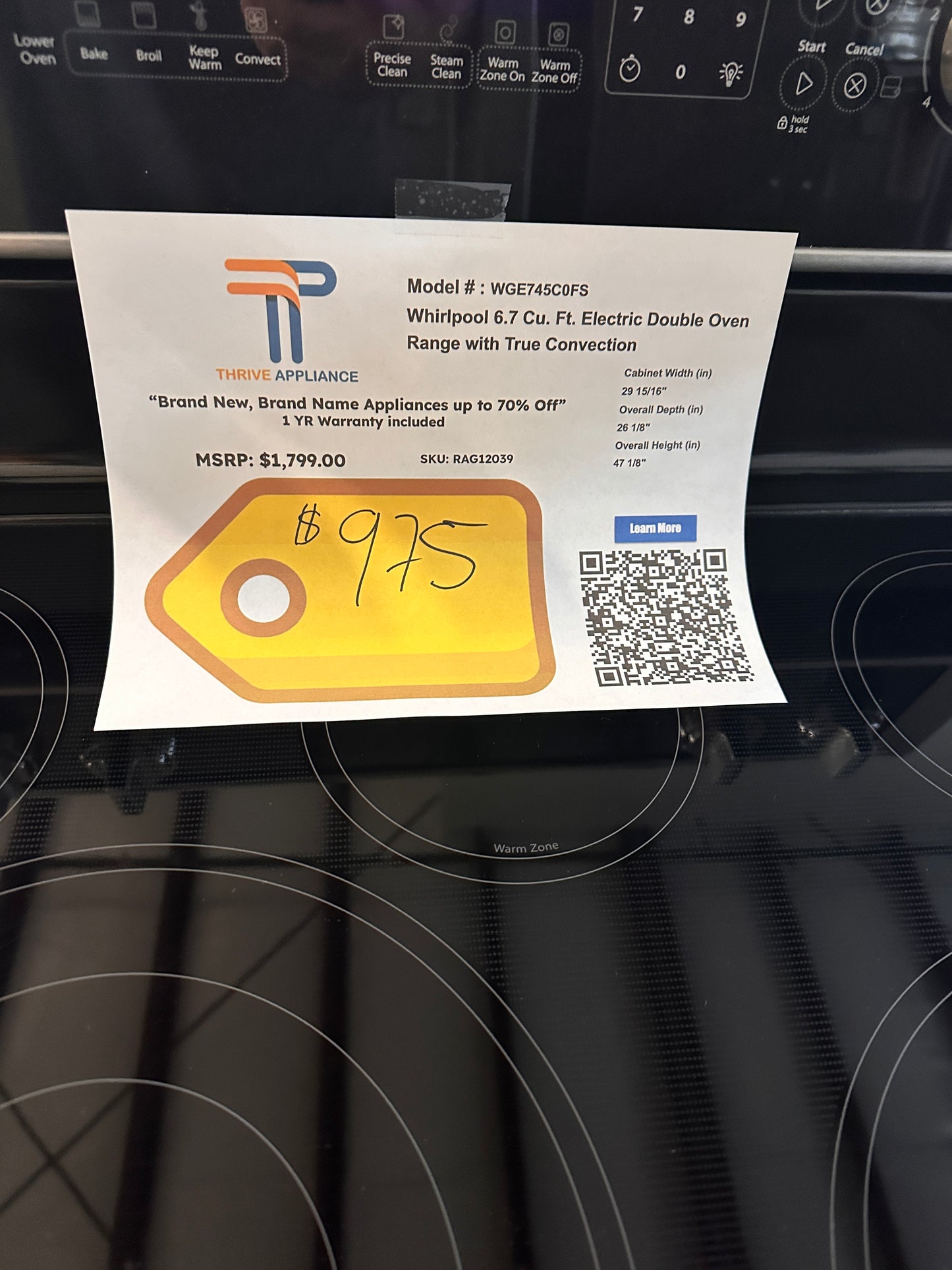 Whirlpool 6.7 Cu. Ft. Electric Double Oven Range with True Convection MODEL: WGE745C0FS RAG12039