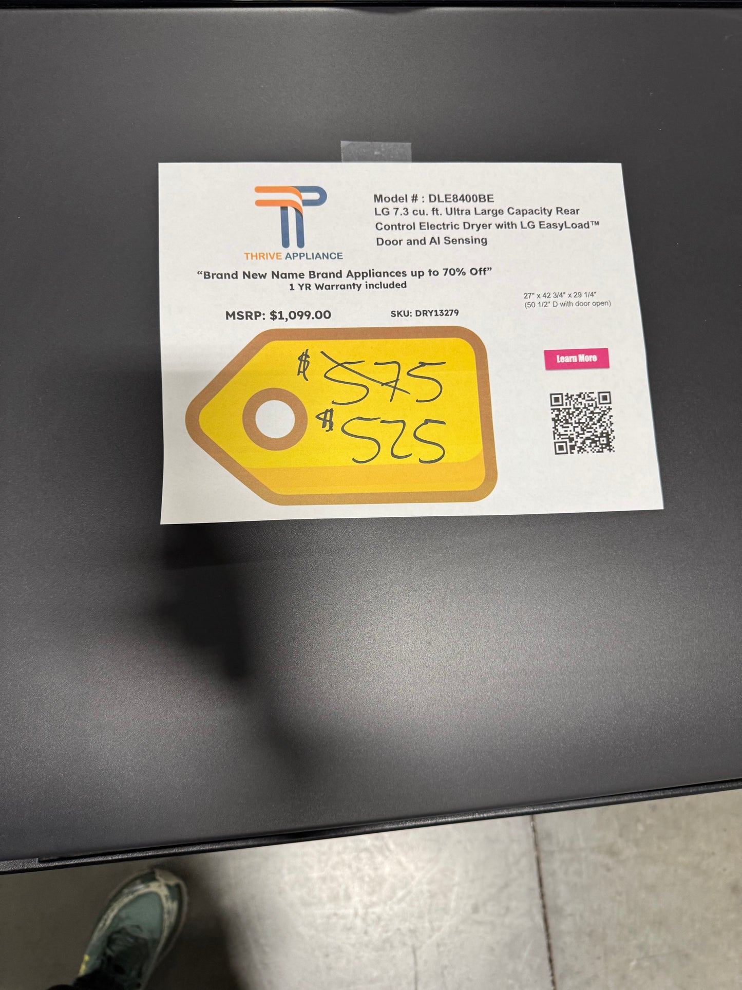 7.3 cu. ft. Ultra Large Capacity Rear Control Electric Dryer with LG EasyLoad™ Door and AI Sensing