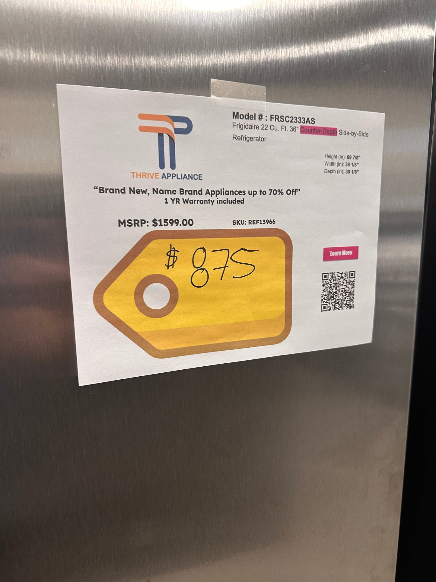 GREAT NEW FRIGIDAIRE COUNTER DEPTH REFRIGERATOR MODEL: FRSC2333AS REF13966