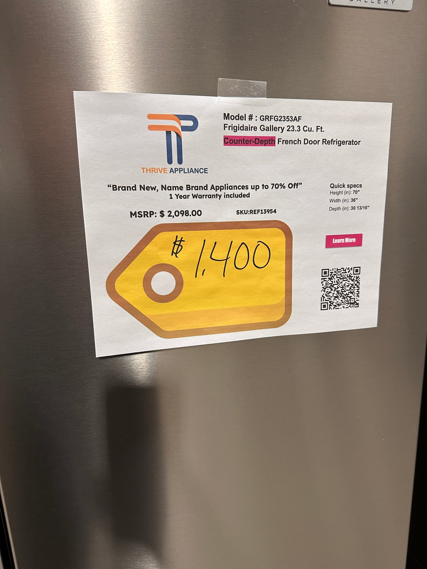 COUNTER DEPTH FRIGIDAIRE GALLERY REFRIGERATOR MODEL: GRFG2353AF REF13954