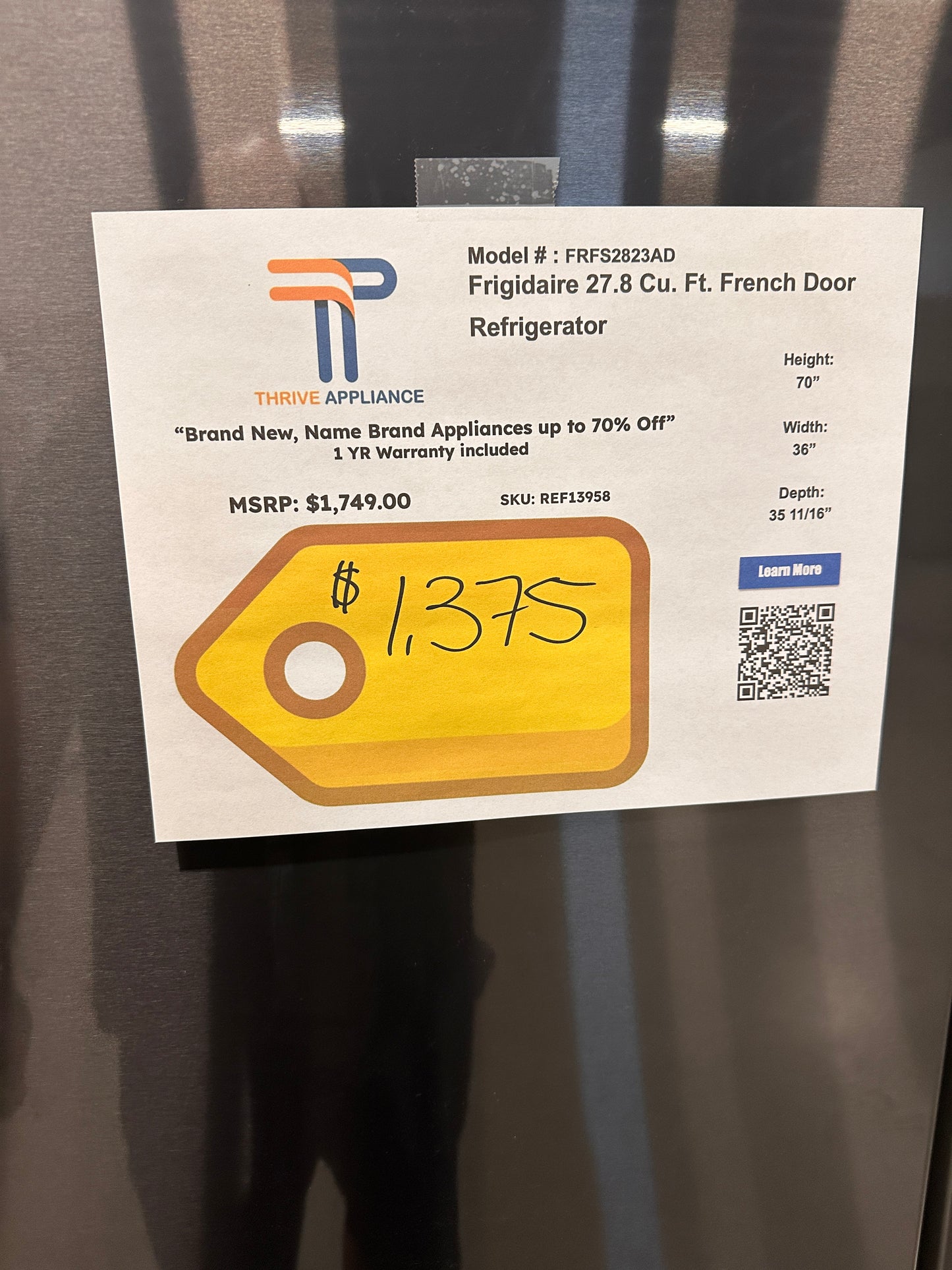 BRAND NEW Frigidaire 27.8 Cu. Ft. French Door Refrigerator MODEL: FRFS2823AD REF13958