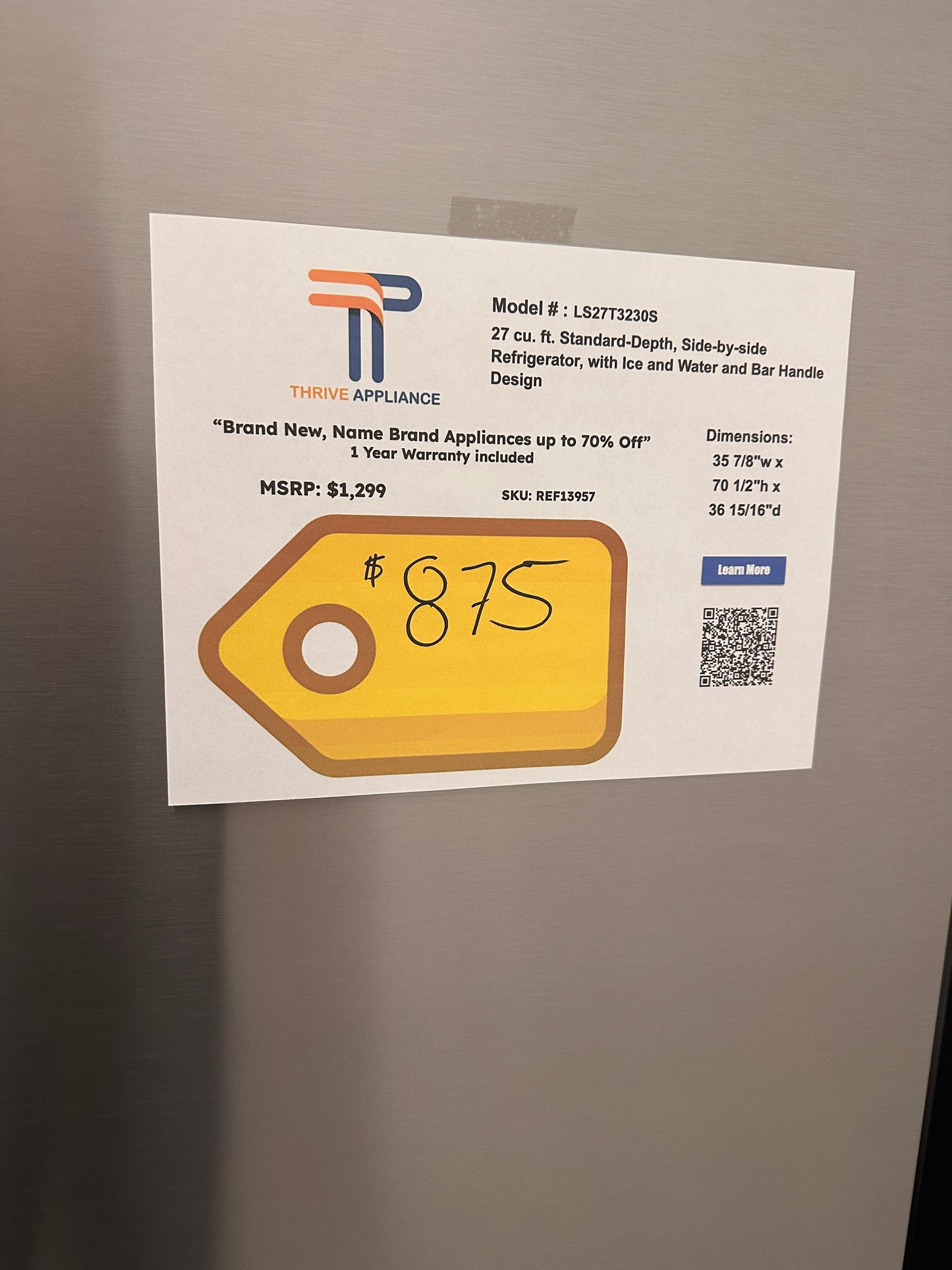 LG 27 Cu. Ft. Standard-Depth Side-by-Side Refrigerator with Ice and Water MODEL: LS27T3230S REF13957