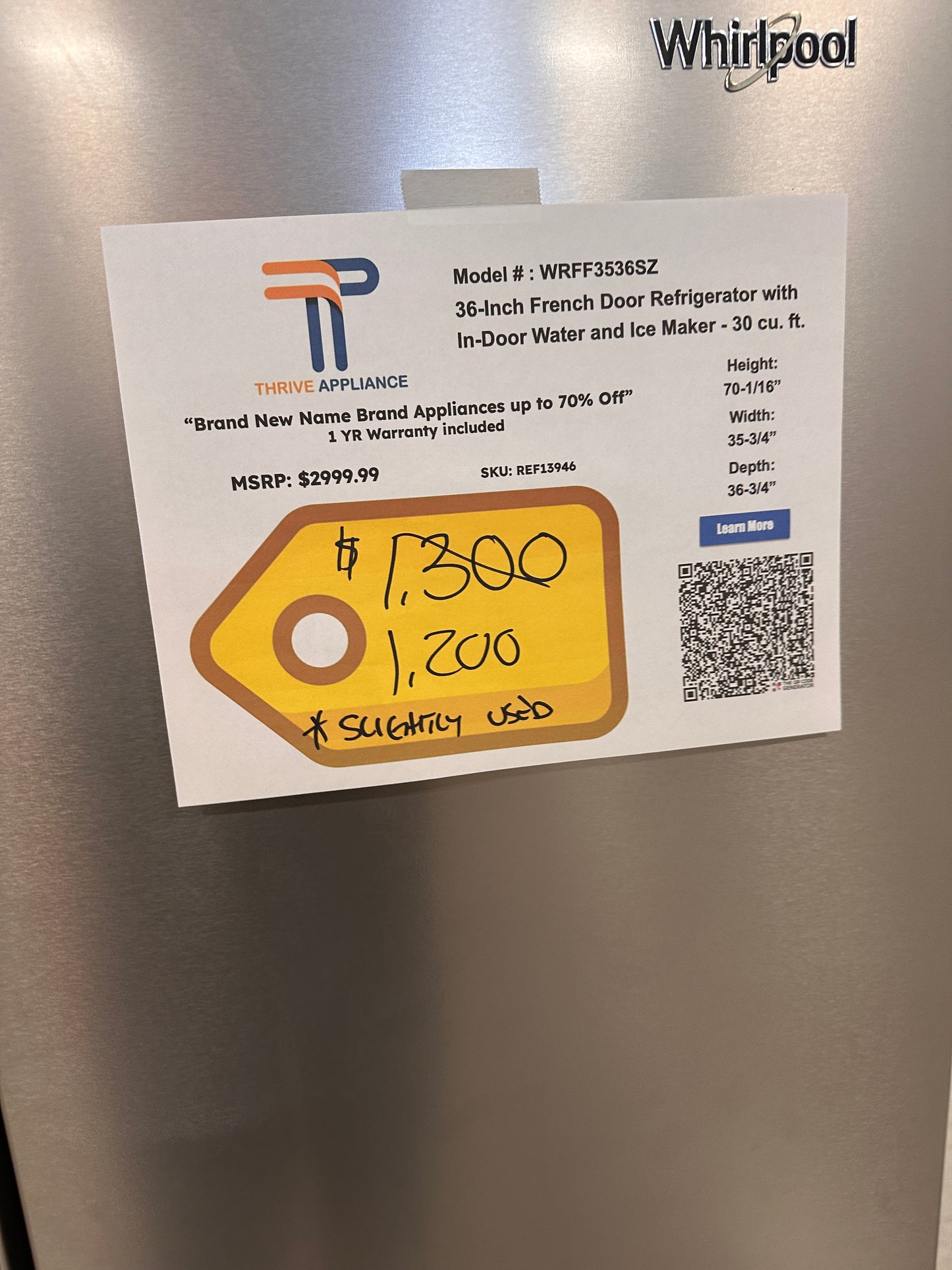 GORGEOUS SLIGHTLY USED WHIRLPOOL FRENCH DOOR REFRIGERATOR MODEL: WRFF3536SZ REF13946