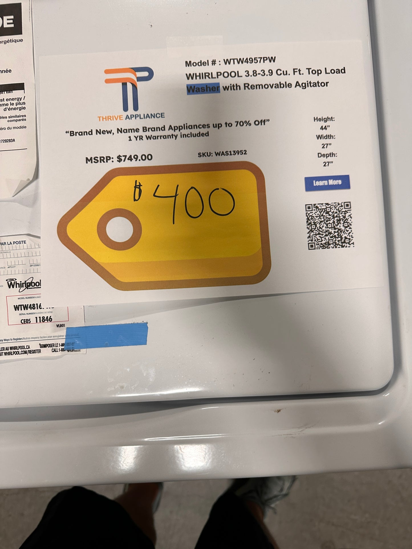 NEW! Whirlpool Top Load Washer with Removable Agitator MODEL: WTW4957PW WAS13952