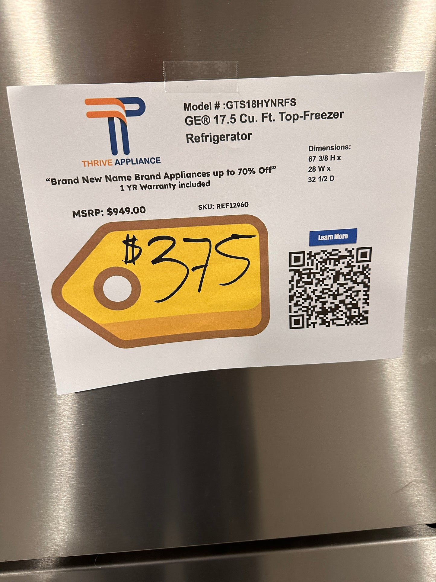 GREAT GE - 17.5 Cu. Ft. Top-Freezer Refrigerator - Stainless Steel Model:GTS18HYNRFS REF12960