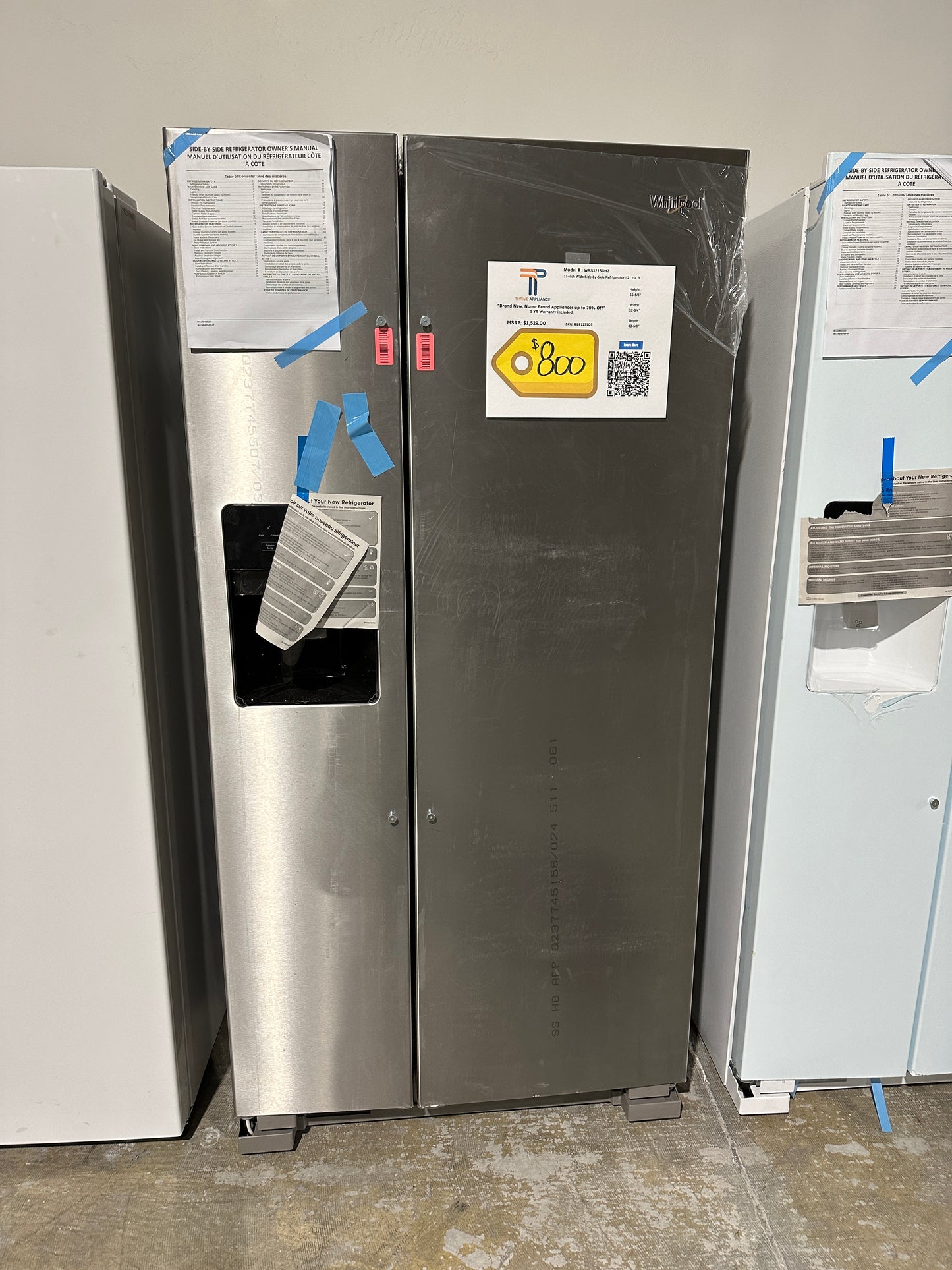 SIDE BY SIDE WHIRLPOOL STAINLESS STEEL FRIDGE MODEL: WRS321SDHZ REF12350S