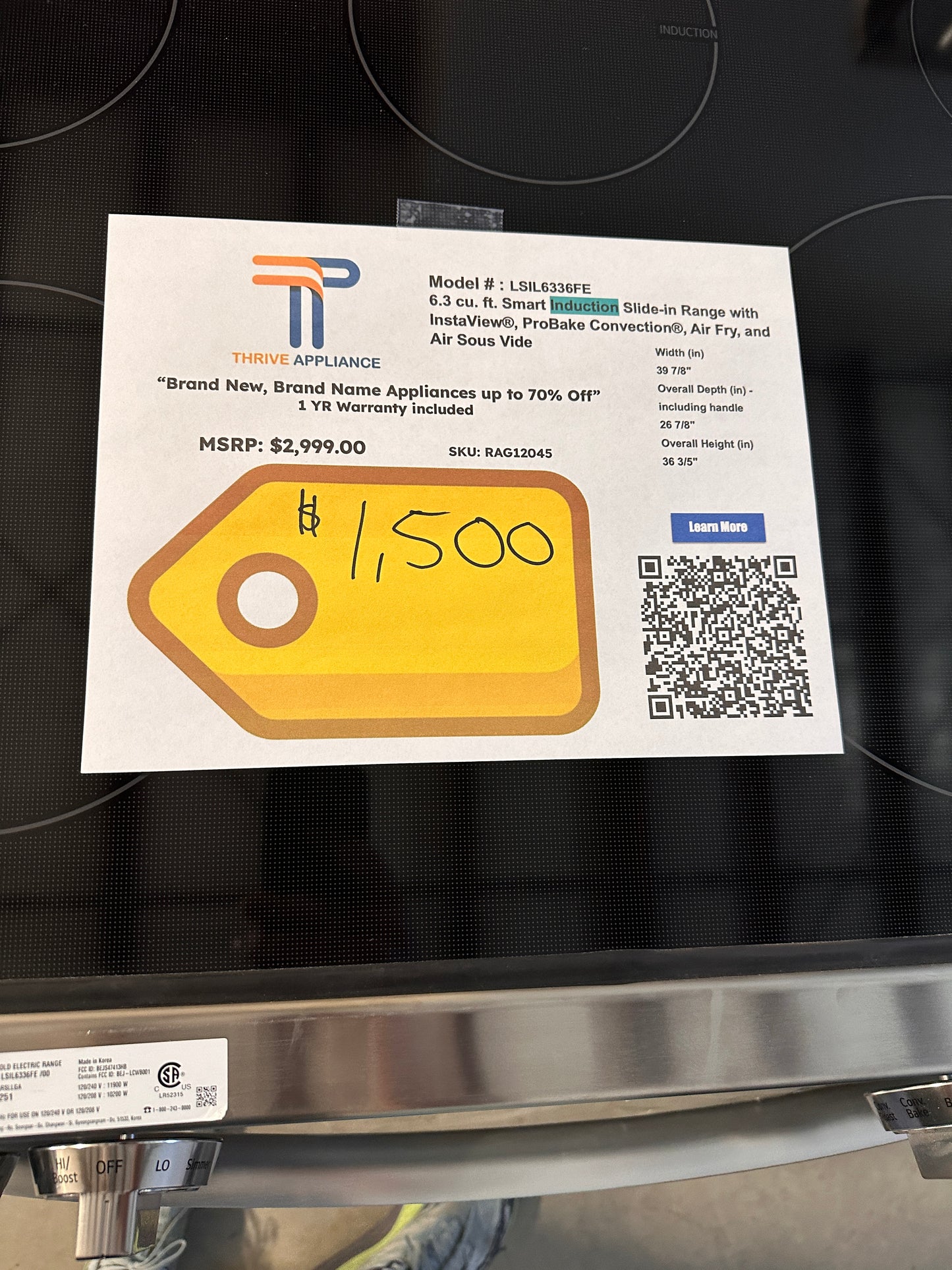 GORGEOUS NEW LG INDUCTION RANGE with INSTAVIEW MODEL: LSIL6336FE RAG12045