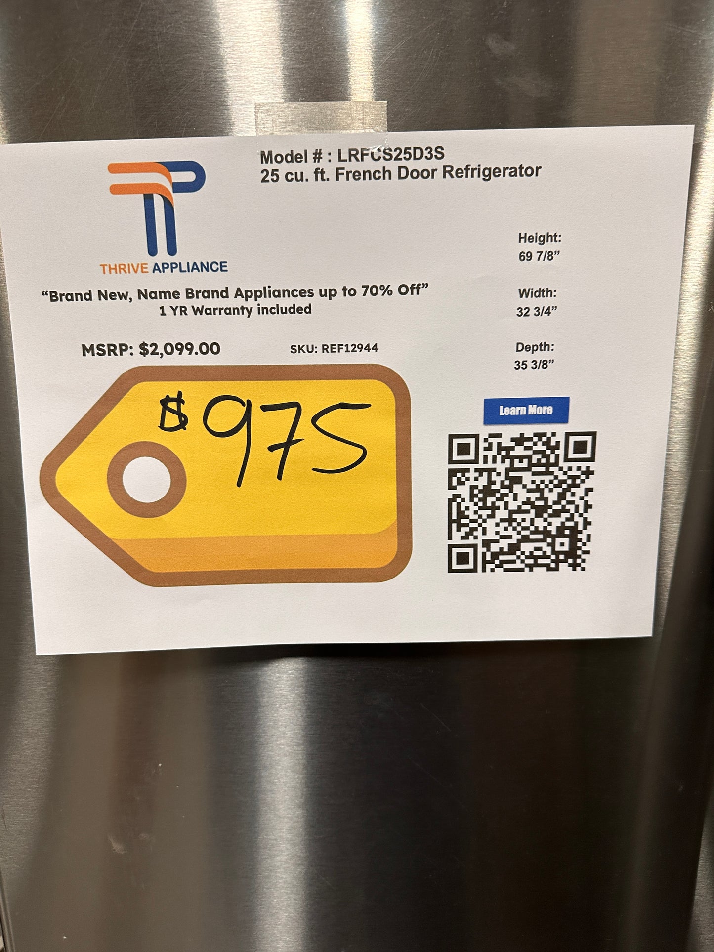 NEW LG FRENCH DOOR REFRIGERATOR - STAINLESS STEEL - Model:LRFCS25D3S REF12944