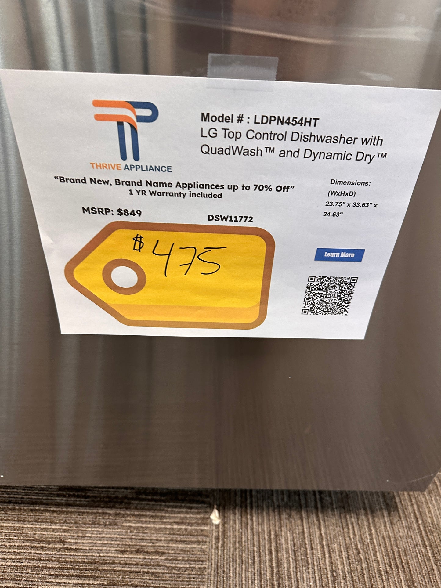 BRAND NEW FRONT CONTROL LG DISHWASHER MODEL: LDPN454HT DSW11772