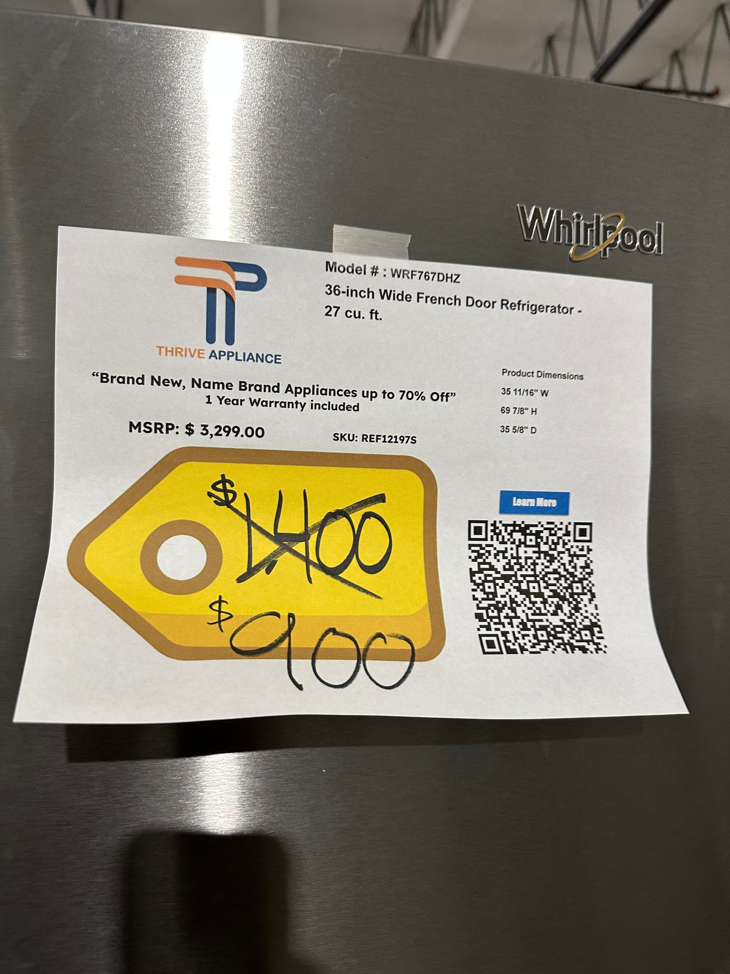 SALE PRICE! NEW WHIRLPOOL FRENCH DOOR REFRIGERATOR Model:WRF757SDHZ REF12197S