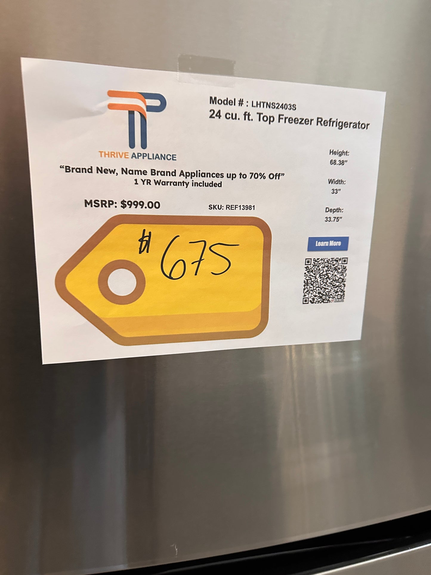BRAND NEW LG 24 cu. ft. Top Freezer Refrigerator MODEL: LHTNS2403S REF13981
