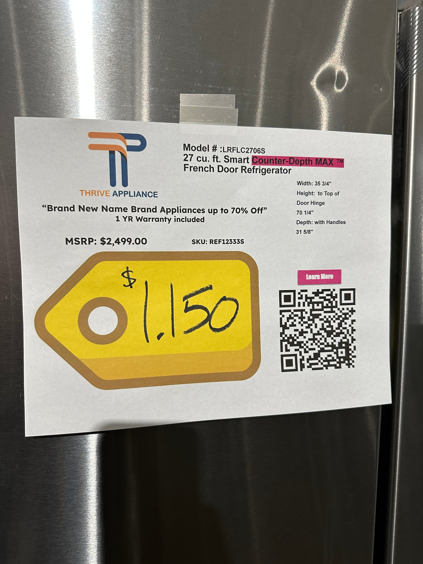COUNTER DEPTH SMART LG REFRIGERATOR with INTERNAL WATER DISPENSER MODEL: LRFLC2706S REF12333S