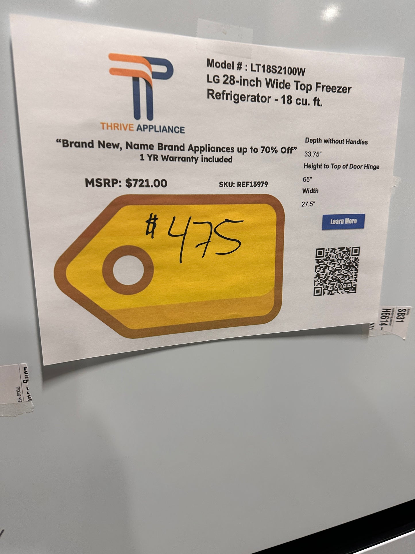 GREAT NEW GARAGE READY LG REFRIGERATOR MODEL: LT18S2100W REF13979