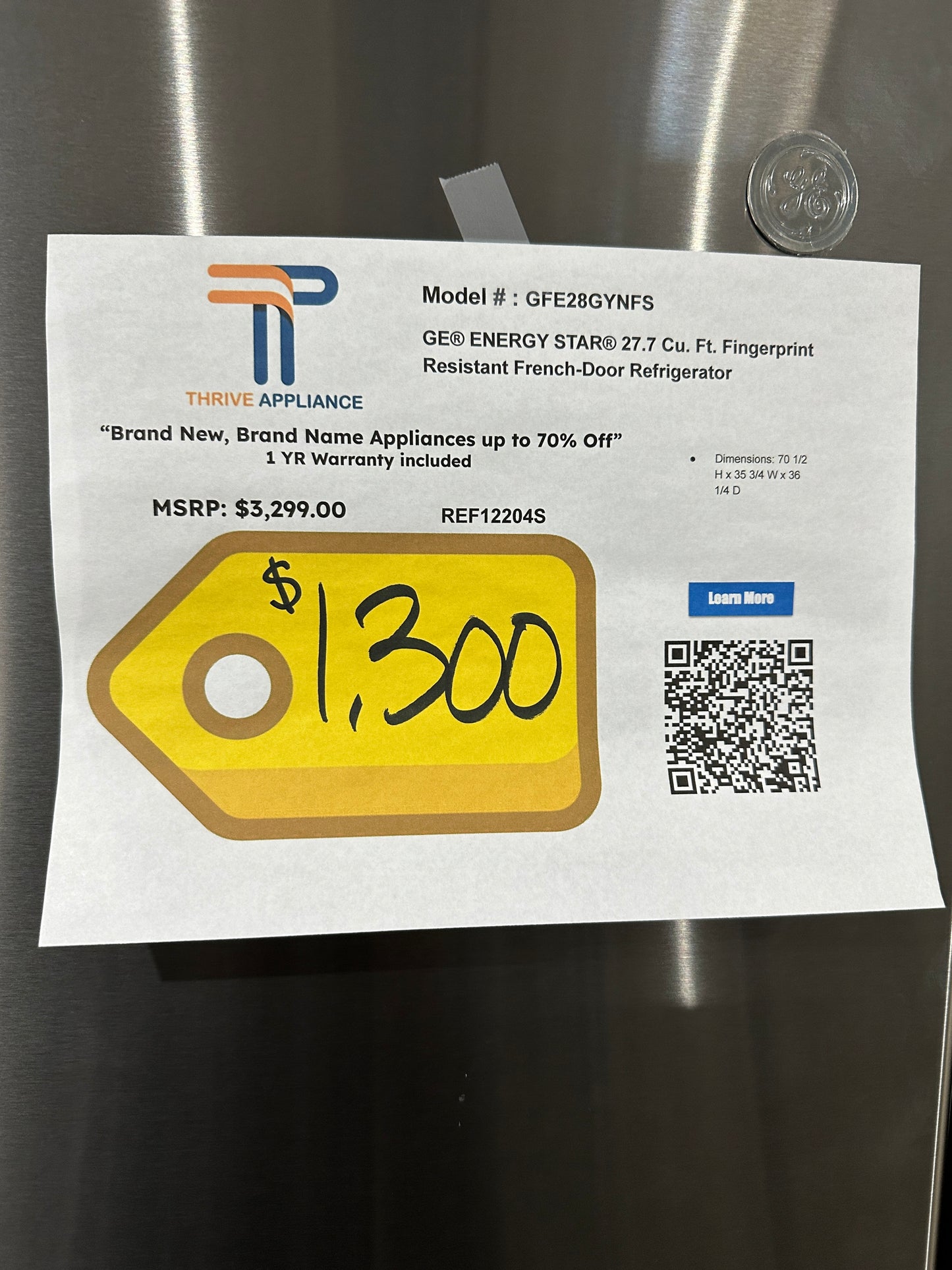Great GE - 27.7 Cu. Ft. French Door Refrigerator - Stainless Steel MODEL: GFE28GYNFS REF12204S