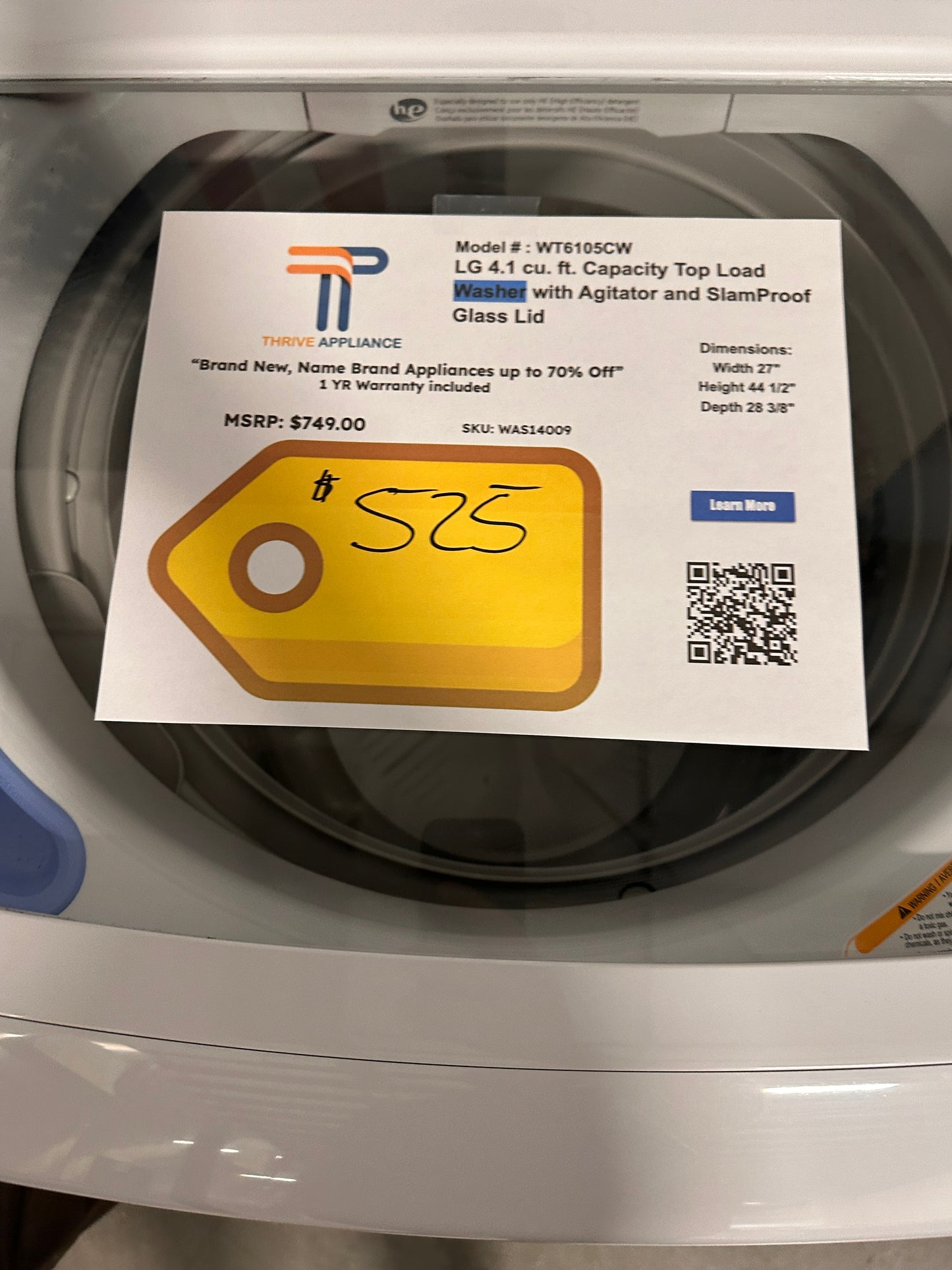 NEW! LG 4.1 Cu Ft Top Load Washer with Agitator MODEL: WT6105CW WAS14009