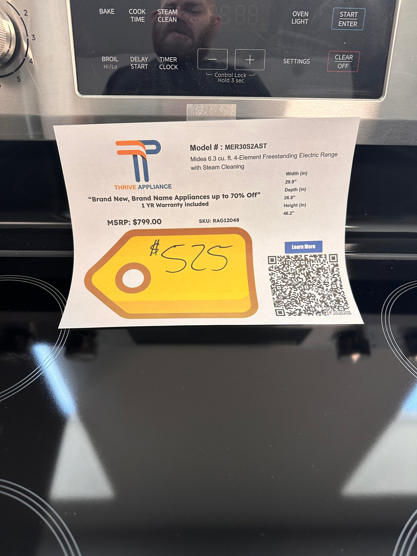 NEW! Midea 6.3 Cu. Ft. Stainless Freestanding Electric Range MODEL: MER30S2AST RAG12048