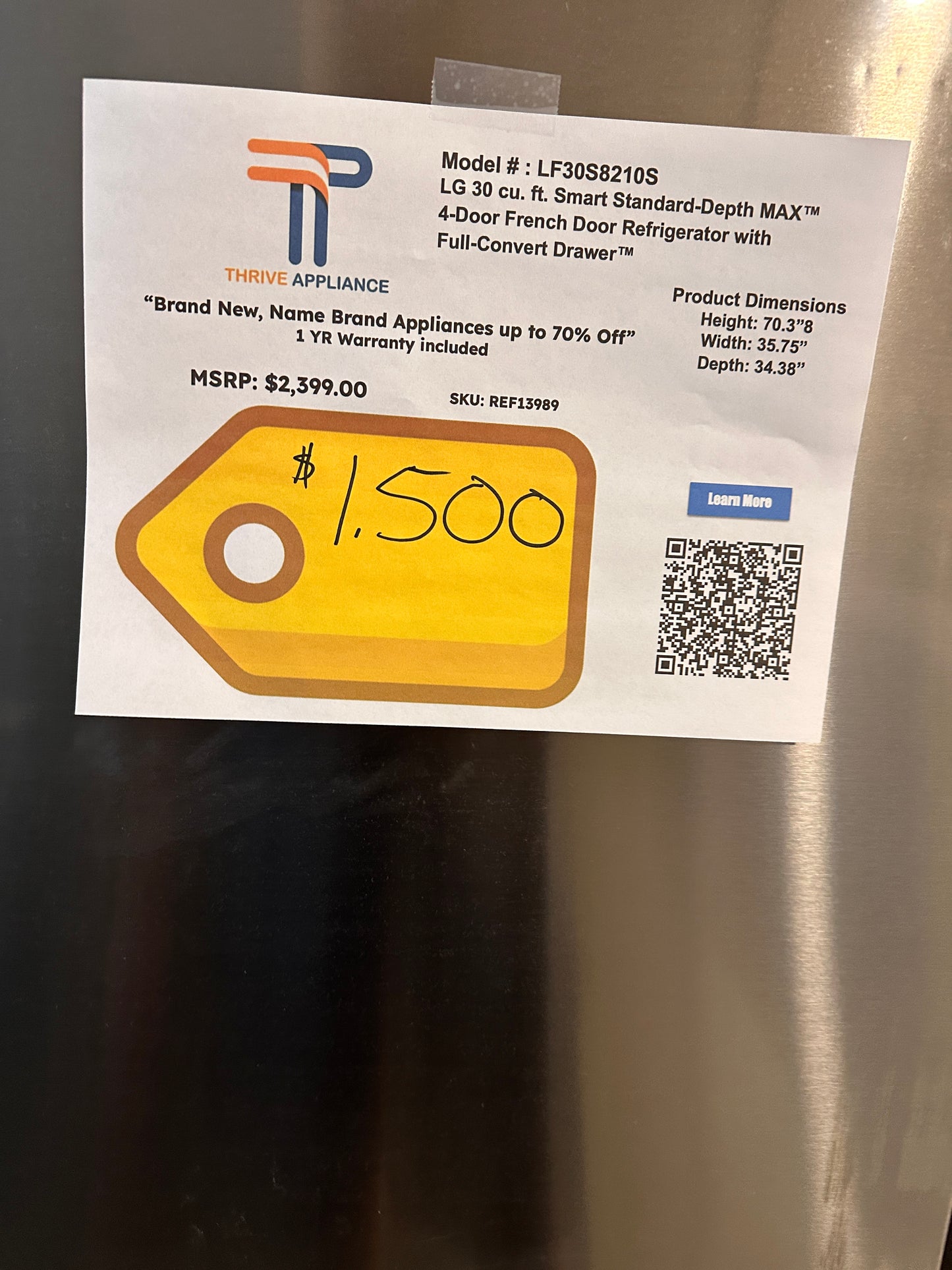 NEW! LG 29.6 Cu. Ft. Stainless 4-Door French Door Refrigerator MODEL: LF30S8210S REF13989