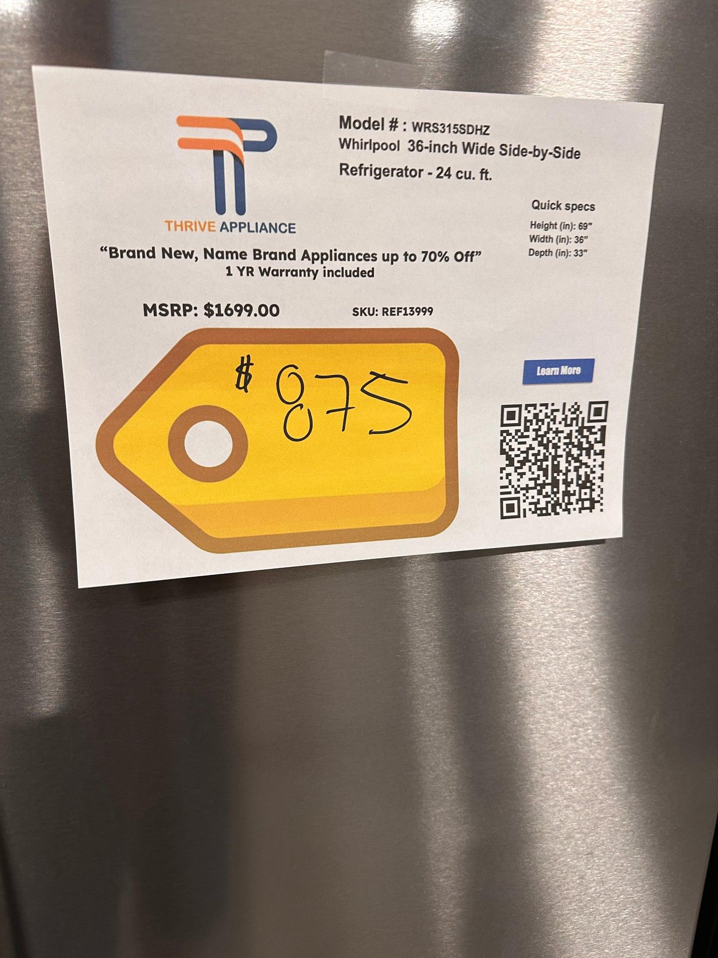 Whirlpool 36 Side-by-Side Refrigerator MODEL: WRS315SDHZ REF13999