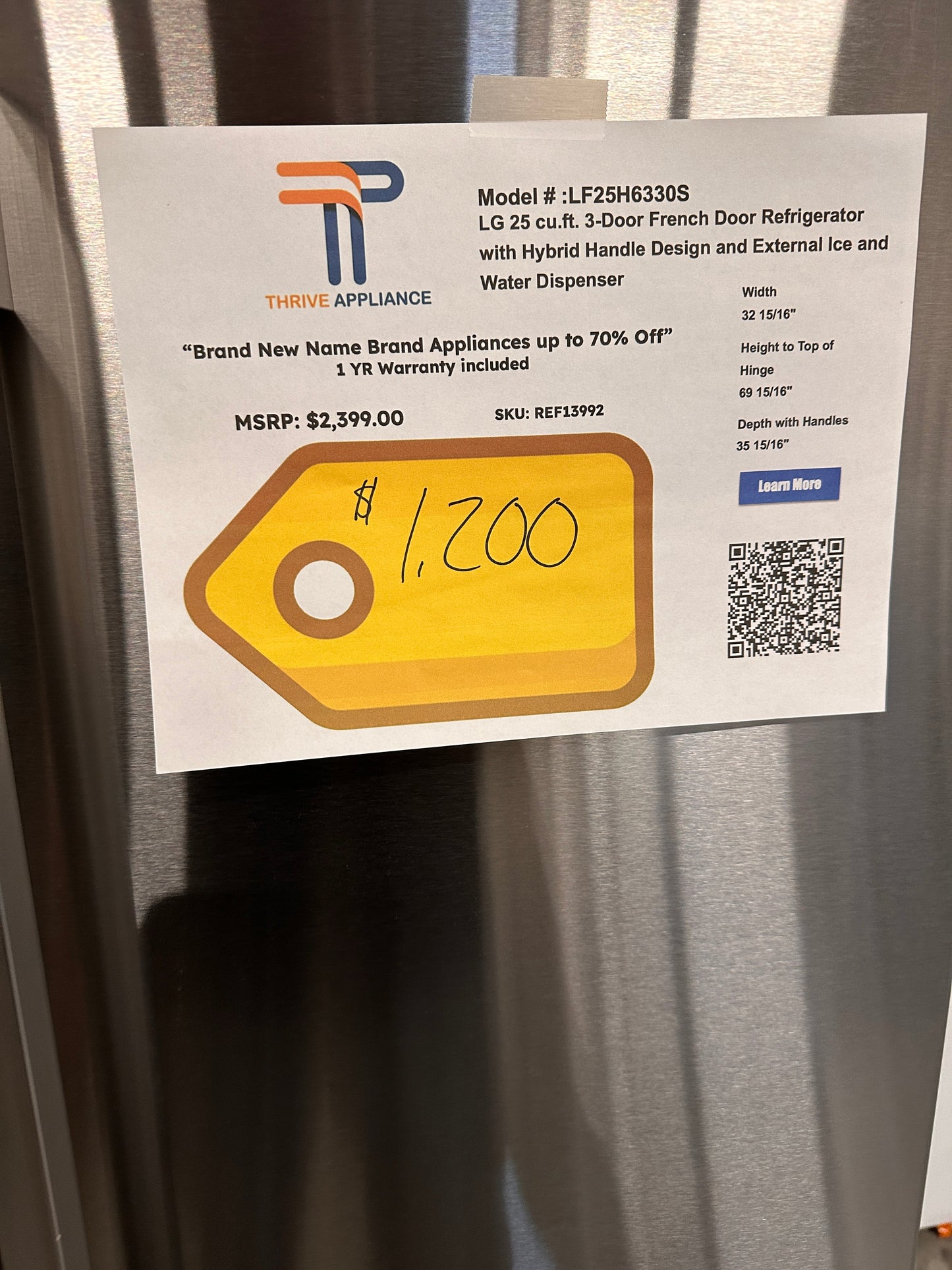GREAT! LG 25 cu. ft. Stainless 3-Door French Door Refrigerator MODEL: LF25H6330S REF13992