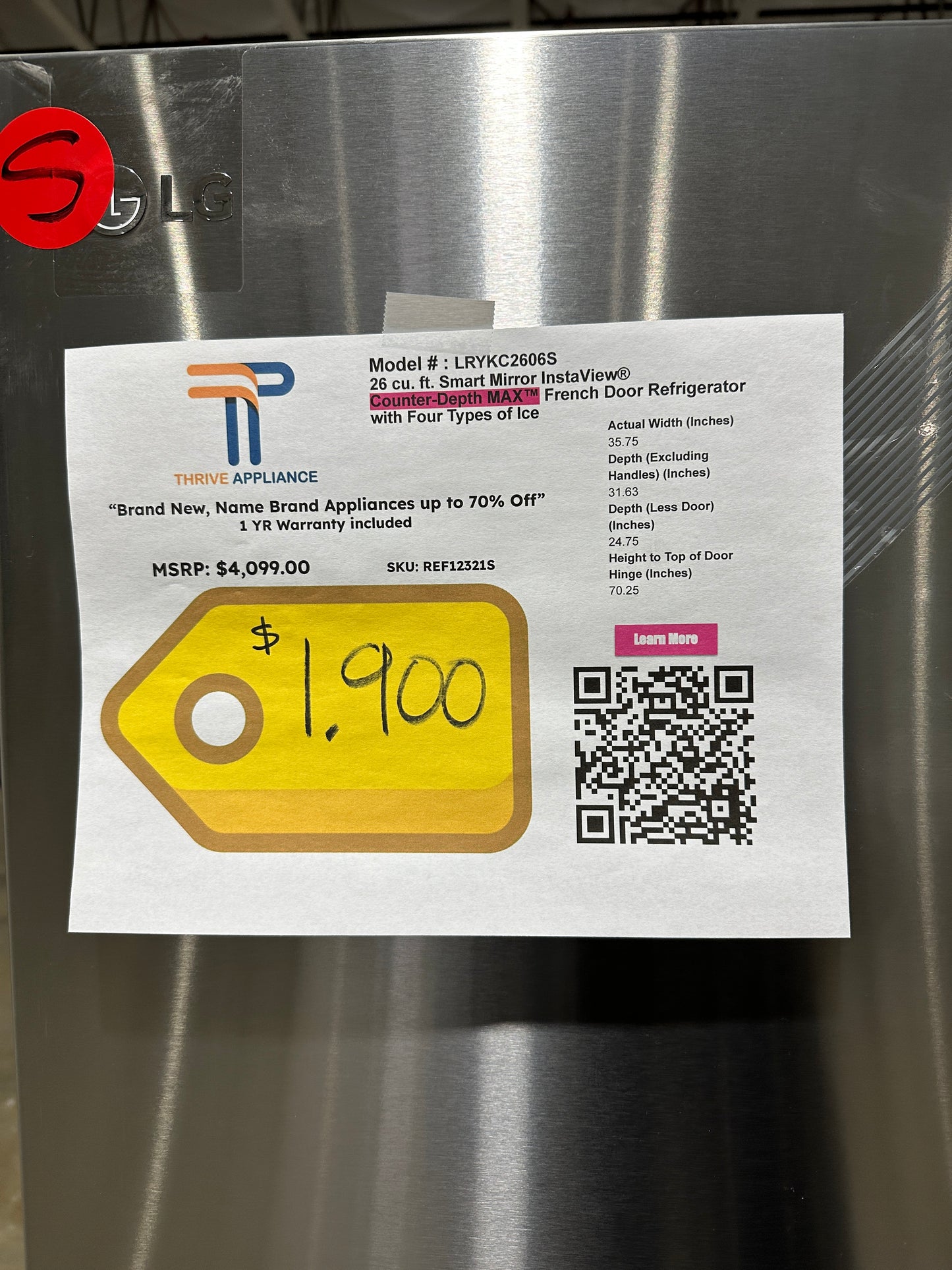 COUNTER-DEPTH SMART REFRIGERATOR with MIRROW INSTAVIEW MODEL: LRYKC2606S REF12321S