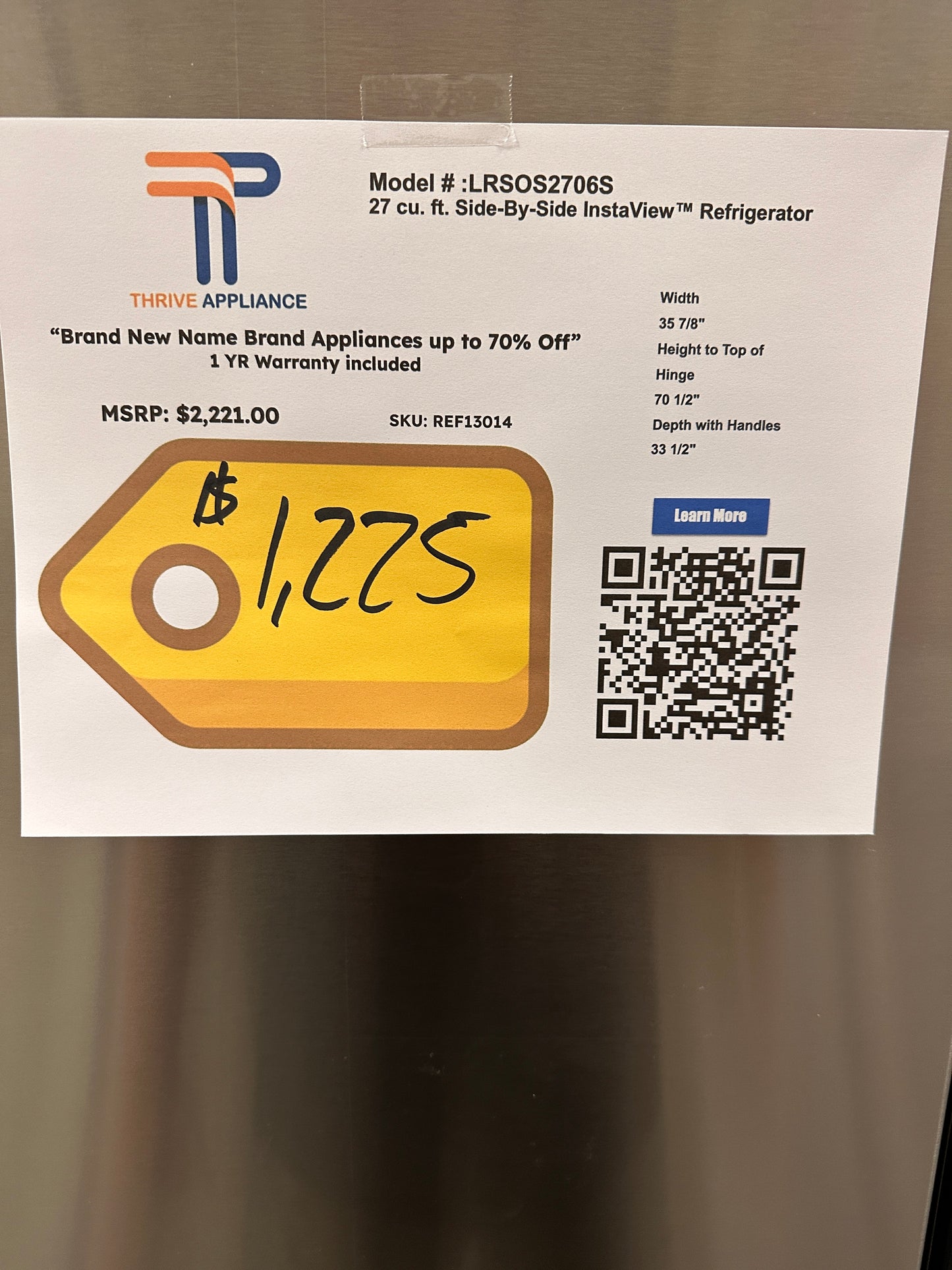 NEW INSTAVIEW LG DSIDE BY SIDE REFRIGERATOR MODEL: LRSOS2706S REF13014