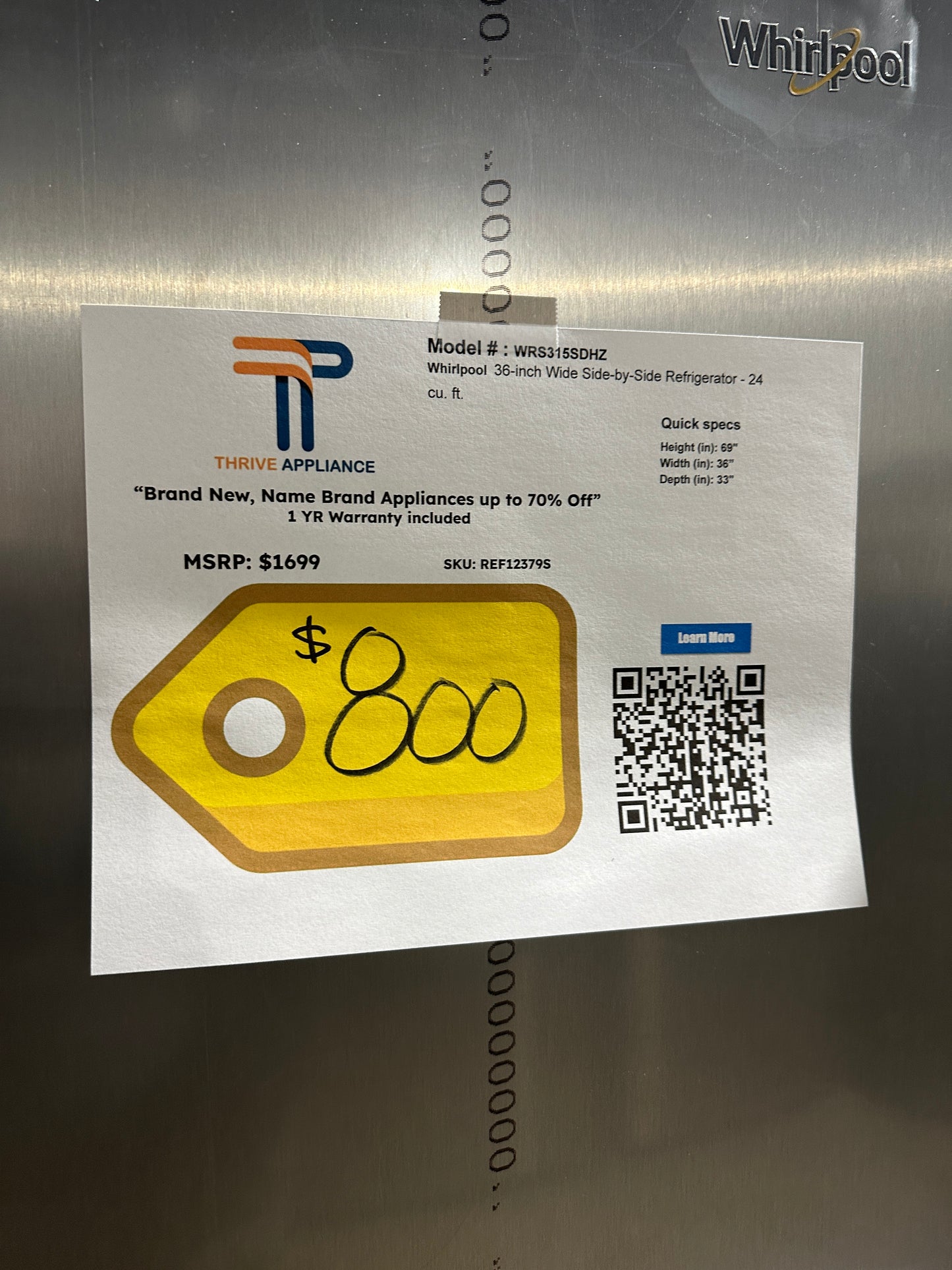 NEW WHIRLPOOL SIDE BY SIDE REFRIGERATOR MODEL: WRS315SDHZ REF12379S