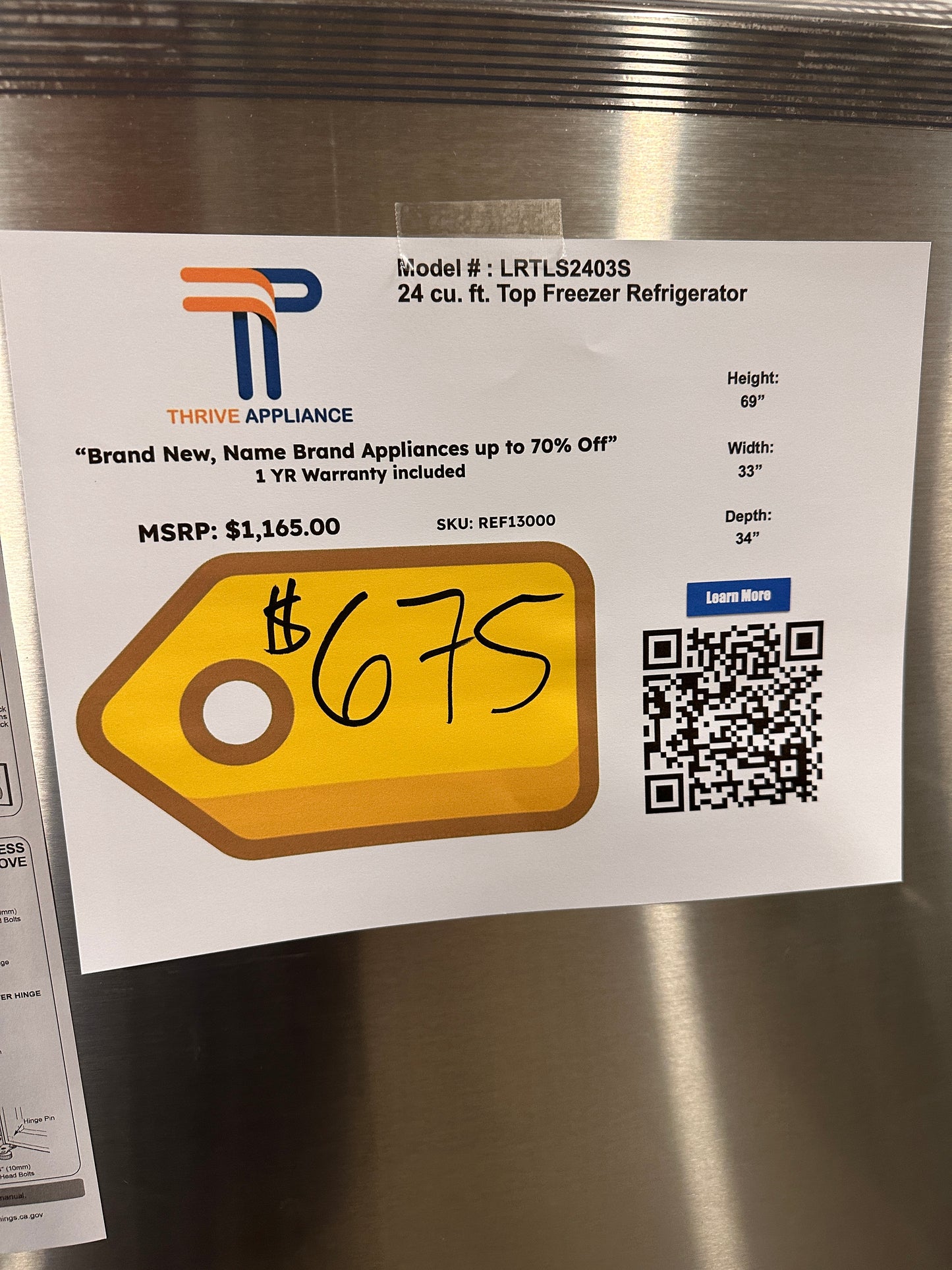 GREAT NEW LG TOP FREEZER REFRIGERATOR MODEL: LRTLS2403S REF13000