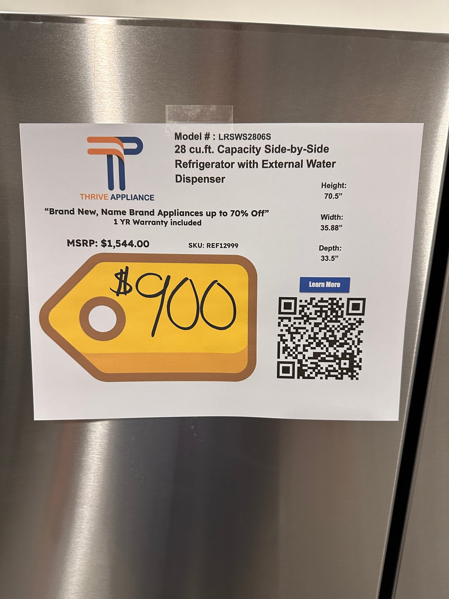 GREAT NEW LG - 27.6 Cu. Ft. Side-by-Side Smart Refrigerator - MODEL: LRSWS2806S REF12999