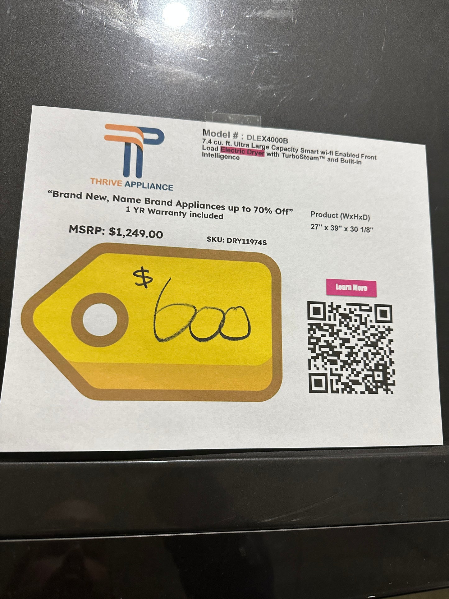 NEW SMART ELECTRIC DRYER WITH STEAM MODEL: DLEX4000B DRY11974S