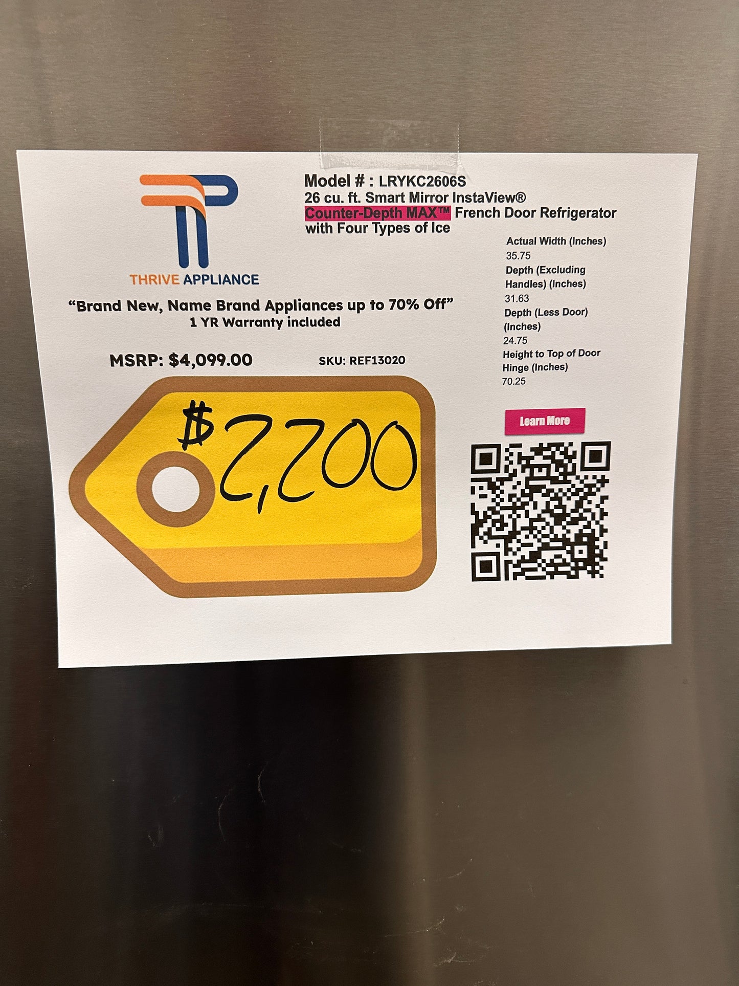 GORGEOUS NEW LG REFRIGERATOR WITH MIRROR INSTAVIEW MODEL: LRYKC2606S REF13020