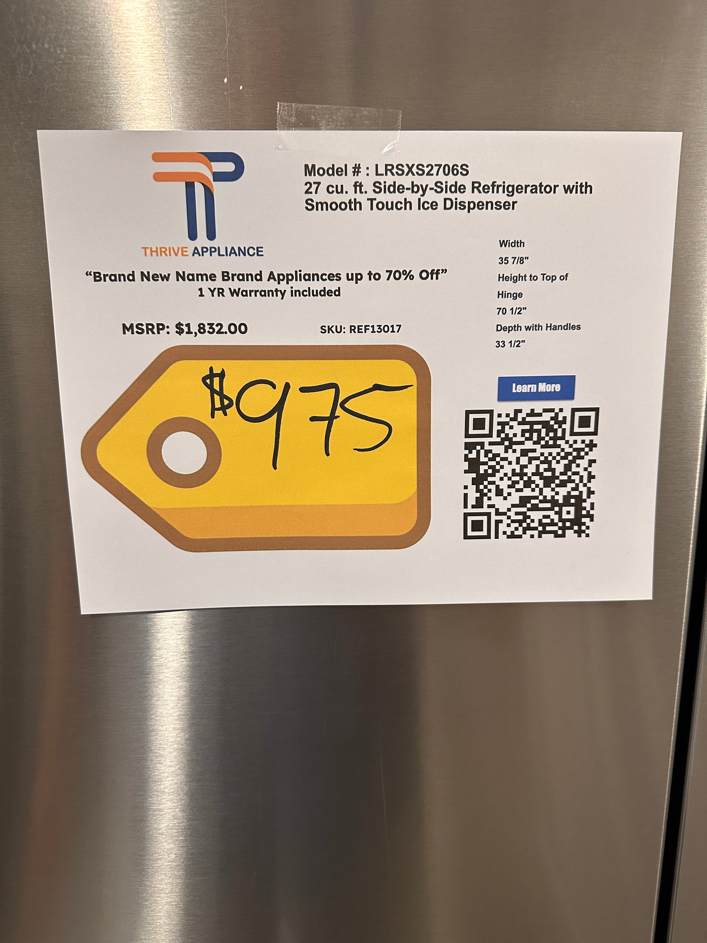 GREAT NEW STAINLESS STEEL LG REFRIGERATOR MODEL: LRSXS2706S REF13017