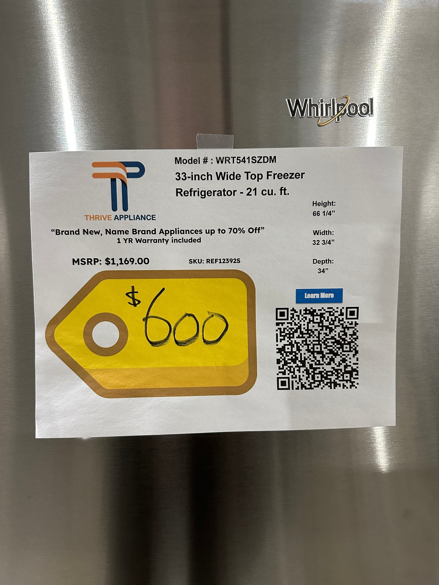NEW Whirlpool - 21.3 Cu. Ft. Top-Freezer Refrigerator MODEL: WRT541SZDM REF12392S
