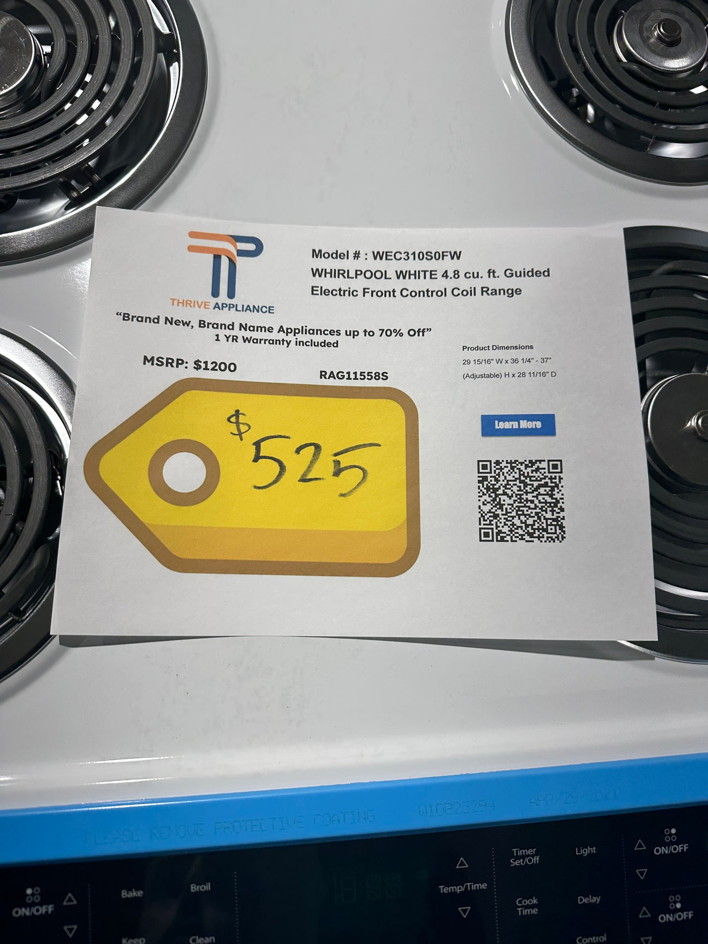 NEW WHIRLPOOL SELF CLEANING ELECTRIC RANGE MODEL: WEC310S0FW RAG11558S