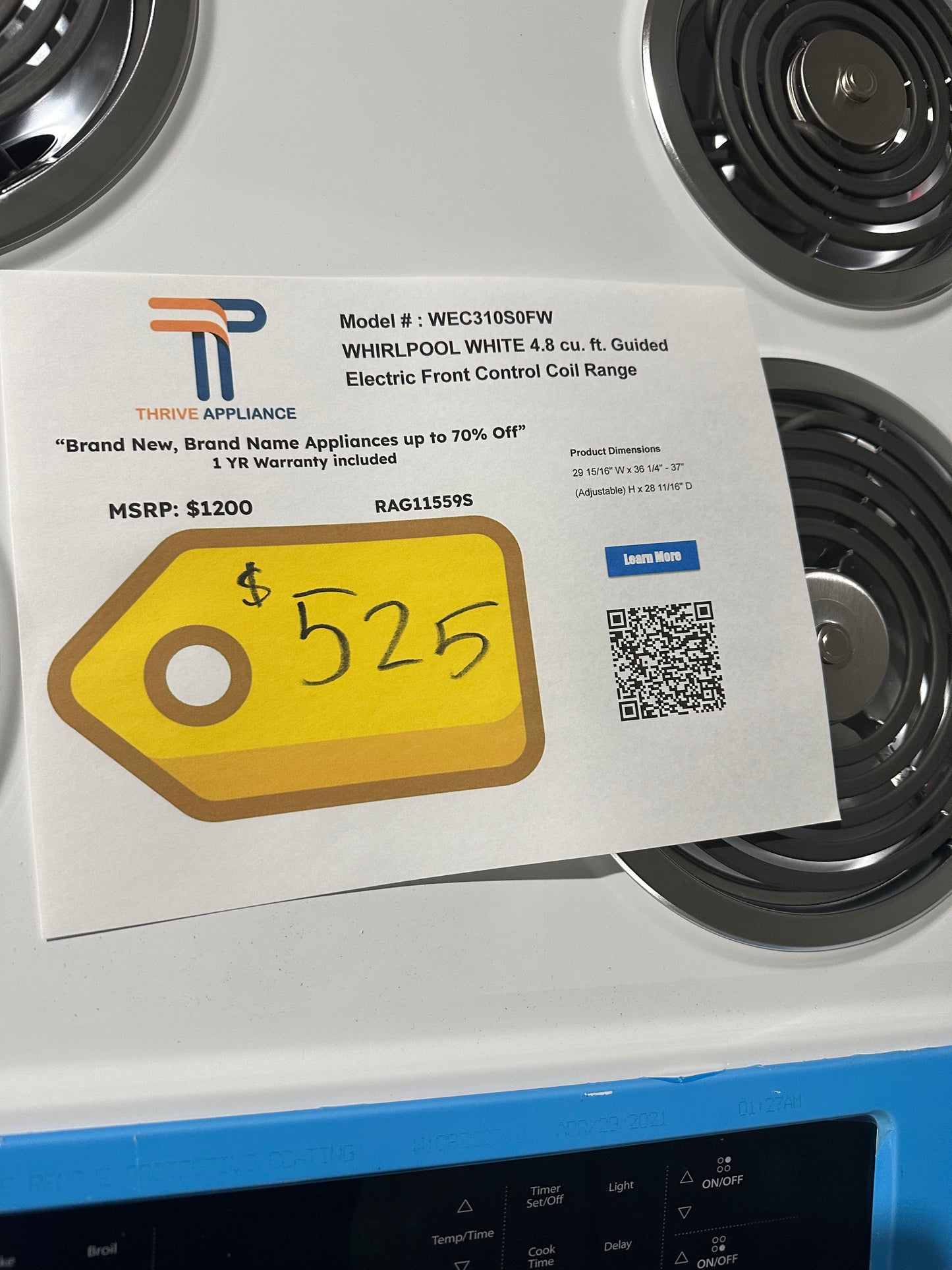 NEW WHIRLPOOL SLIDE-IN ELECTRIC RANGE MODEL: WEC310S0FW RAG11559S