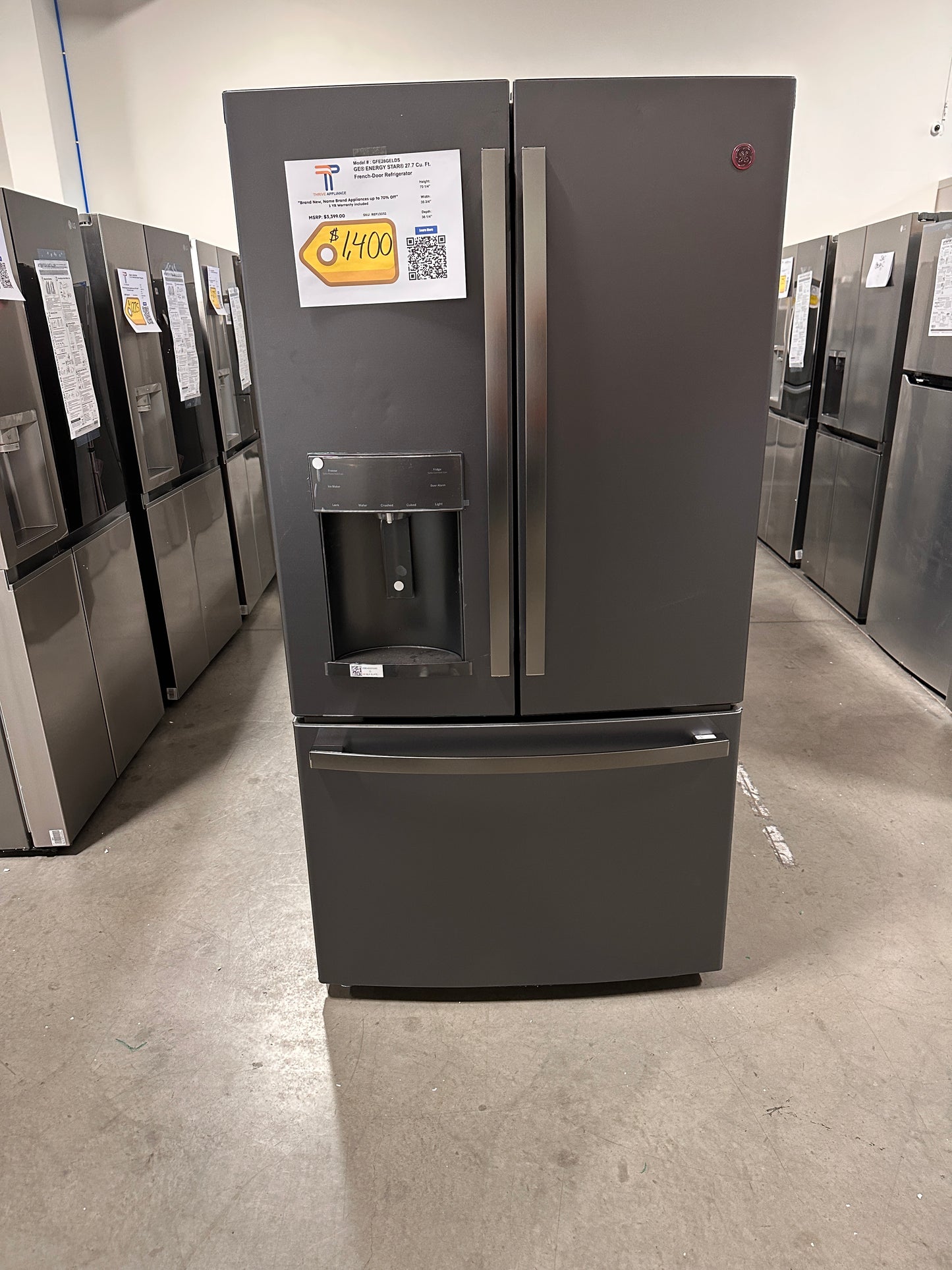 NEW GE - 27.7 Cu. Ft. French Door Refrigerator - Black Slate MODEL: GFE28GELDS REF13032