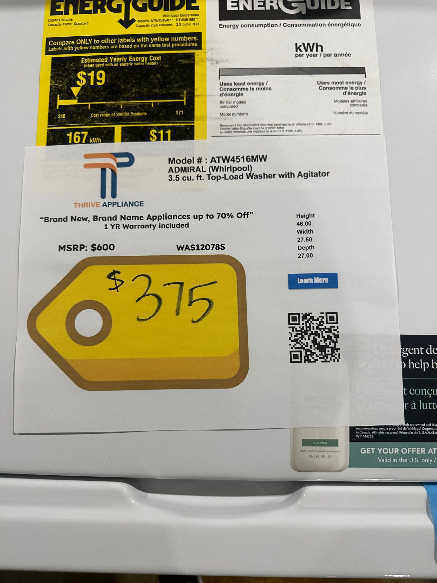 BRAND NEW ADMIRAL TOP LOAD WASHING MACHINE MODEL: ATW4516MW WAS12078S