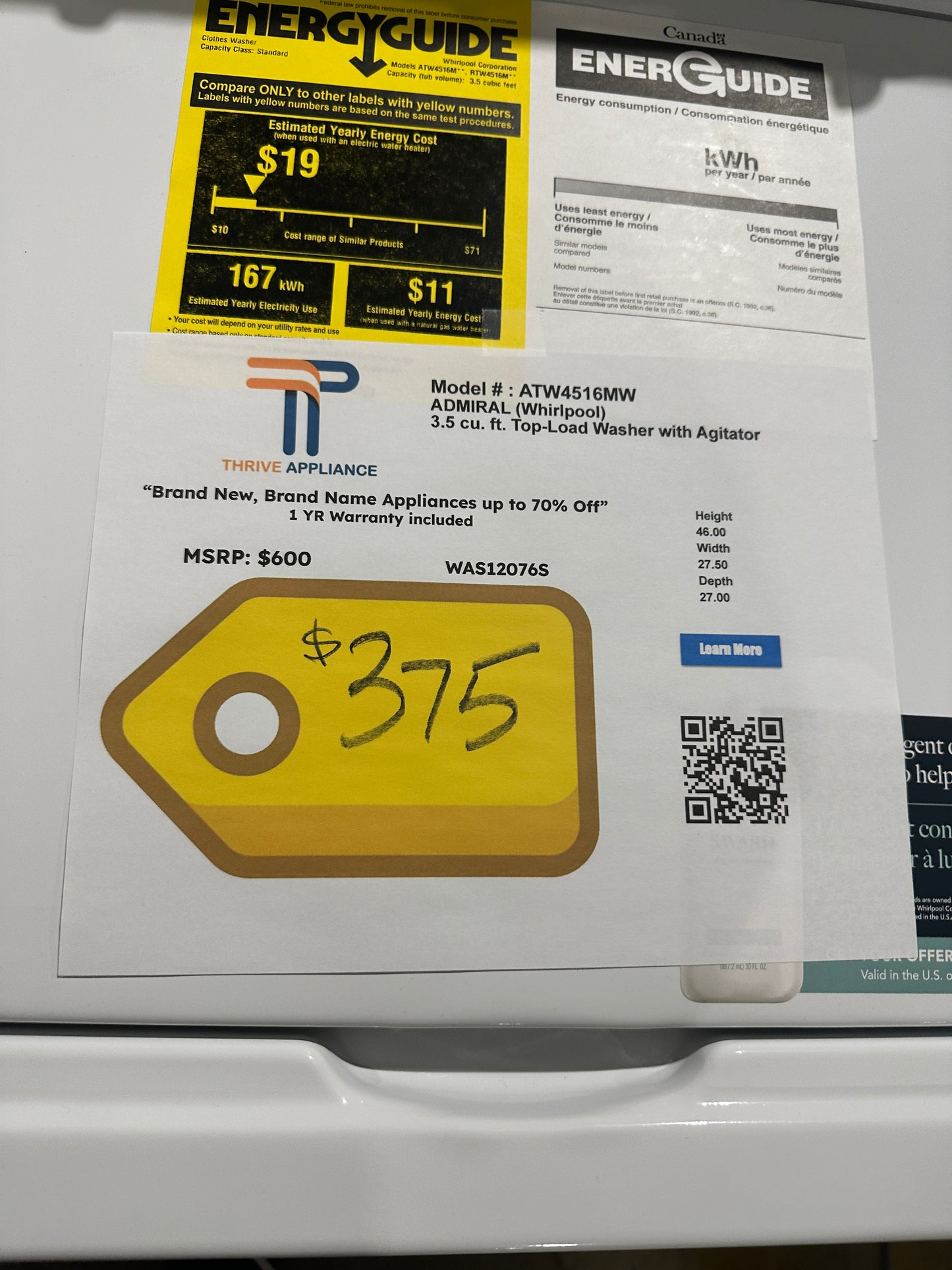 GREAT NEW TOP LOAD WASHER - AGITATOR WASHING MACHINE - MODEL: ATW4516MW WAS12076S