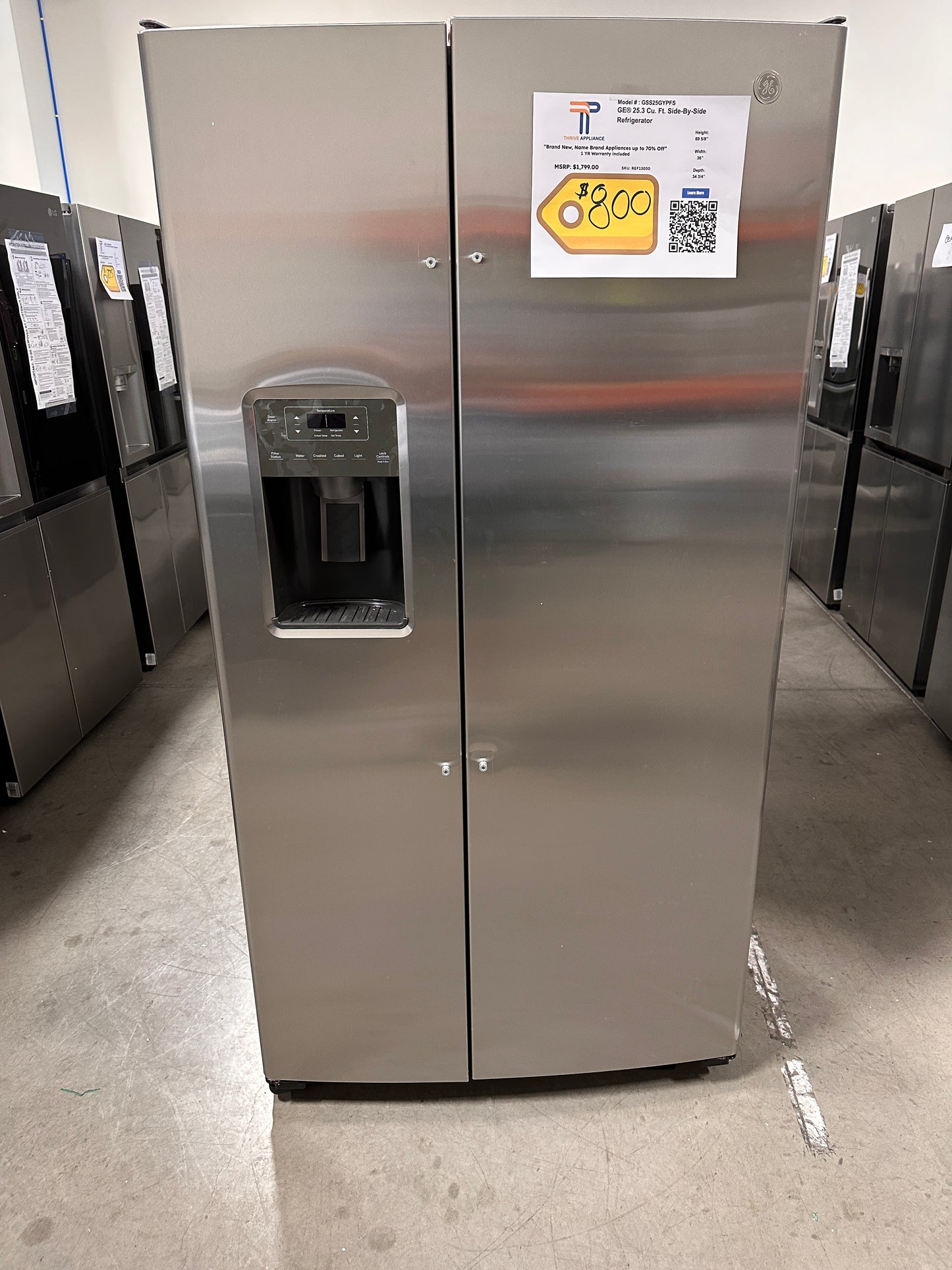 NEW GE STAINLESS STEEL SIDE BY SIDE REFRIGERATOR MODEL: GSS25GYPFS REF13030