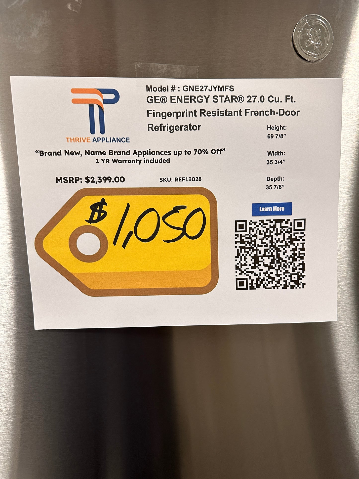 NEW GE FRIDGE WITH INTERNAL WATER DISPENSER MODEL: GNE27JYMFS REF13028