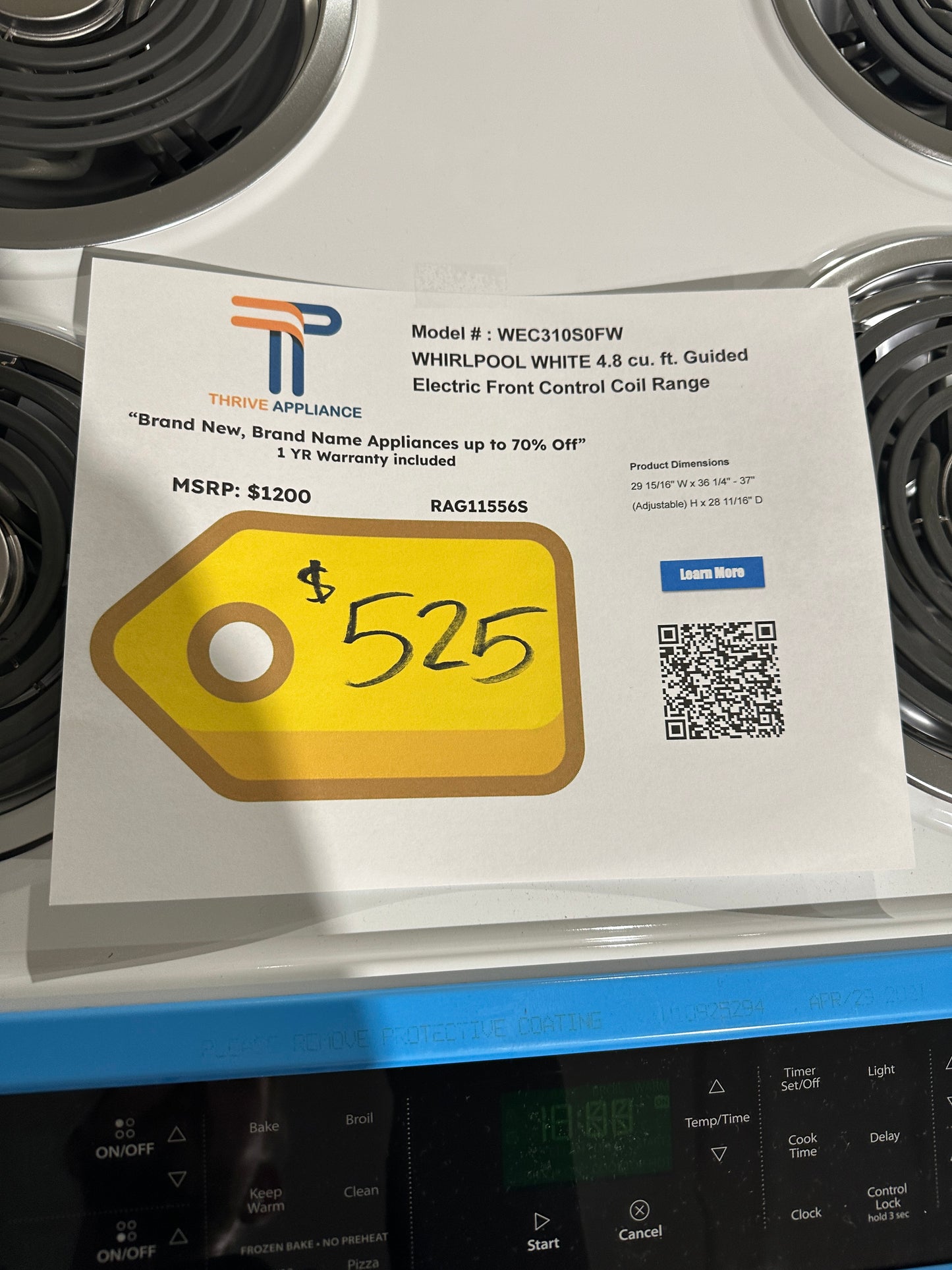NEW WHIRLPOOL WHITE ELECTRIC RANGE with FROZEN BAKE TECHNOLOGY MODEL: WEC310S0FW RAG11556S