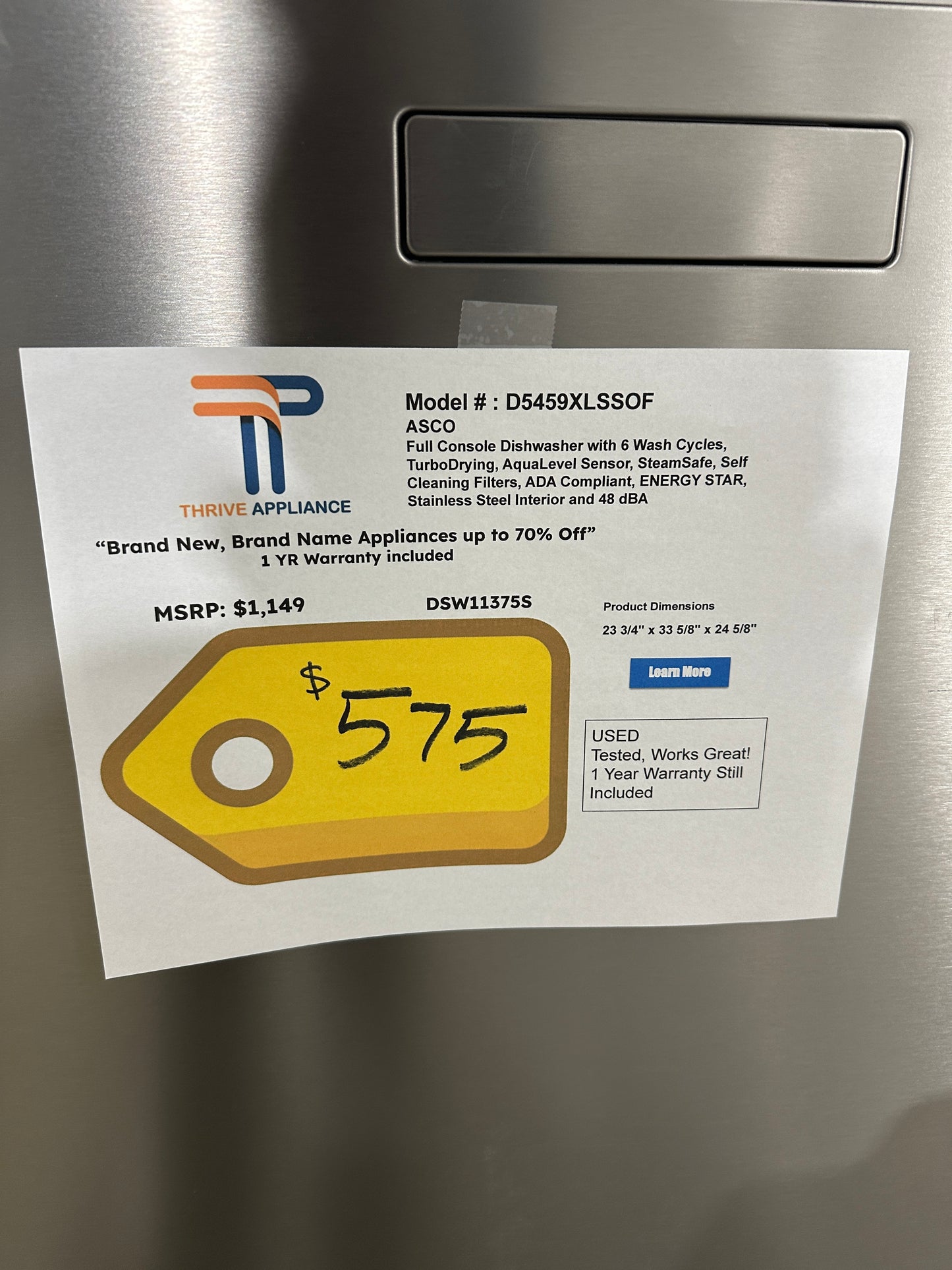GORGEOUS XL SERIES ASKO DISHWASHER - 1 YEAR WARRANTY INCLUDED - MODEL: D5459 DSW11375S