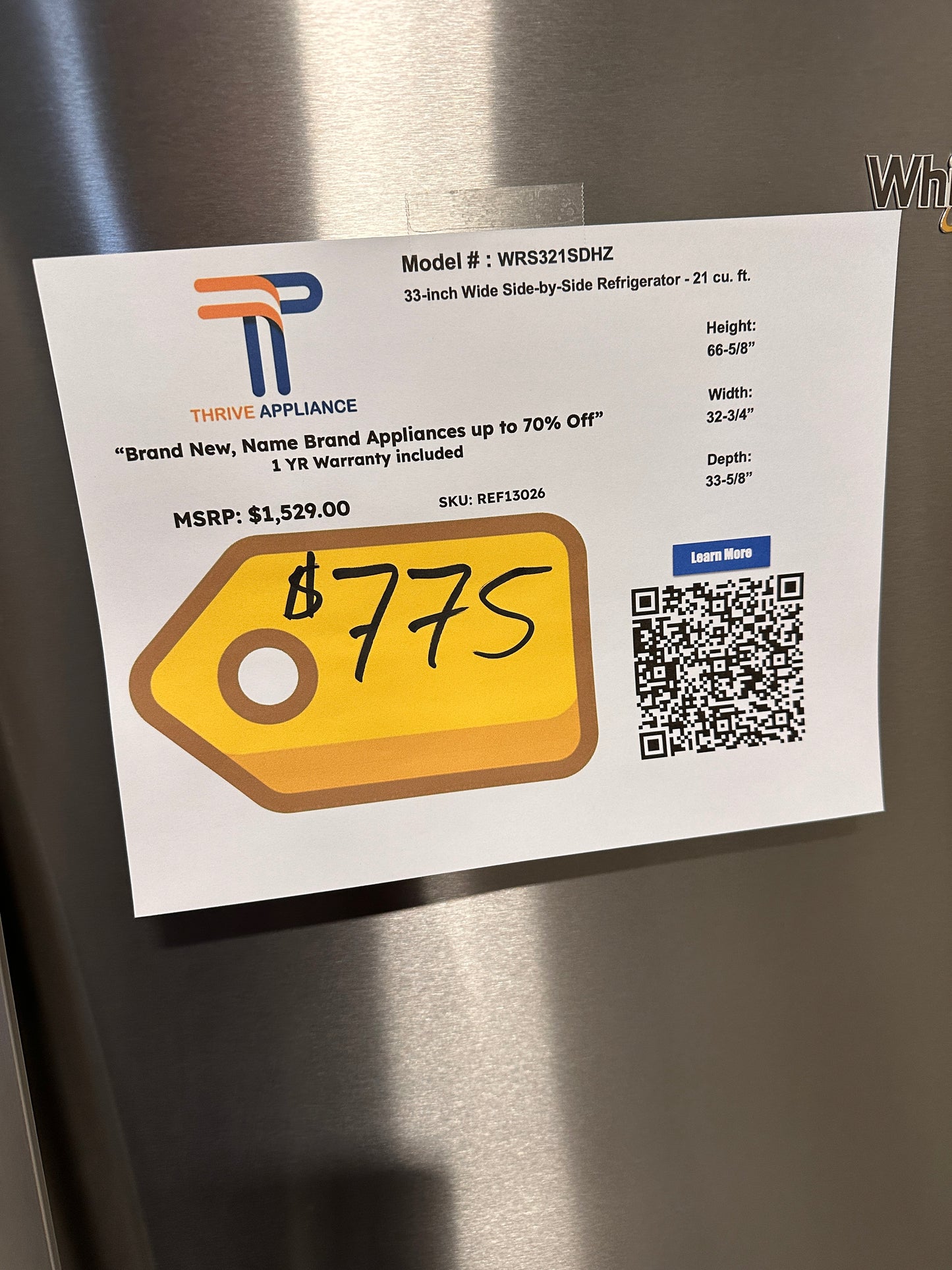 NEW WHIRLPOOL SIDE BY SIDE REFRIGERATOR MODEL: WRS321SDHZ REF13026