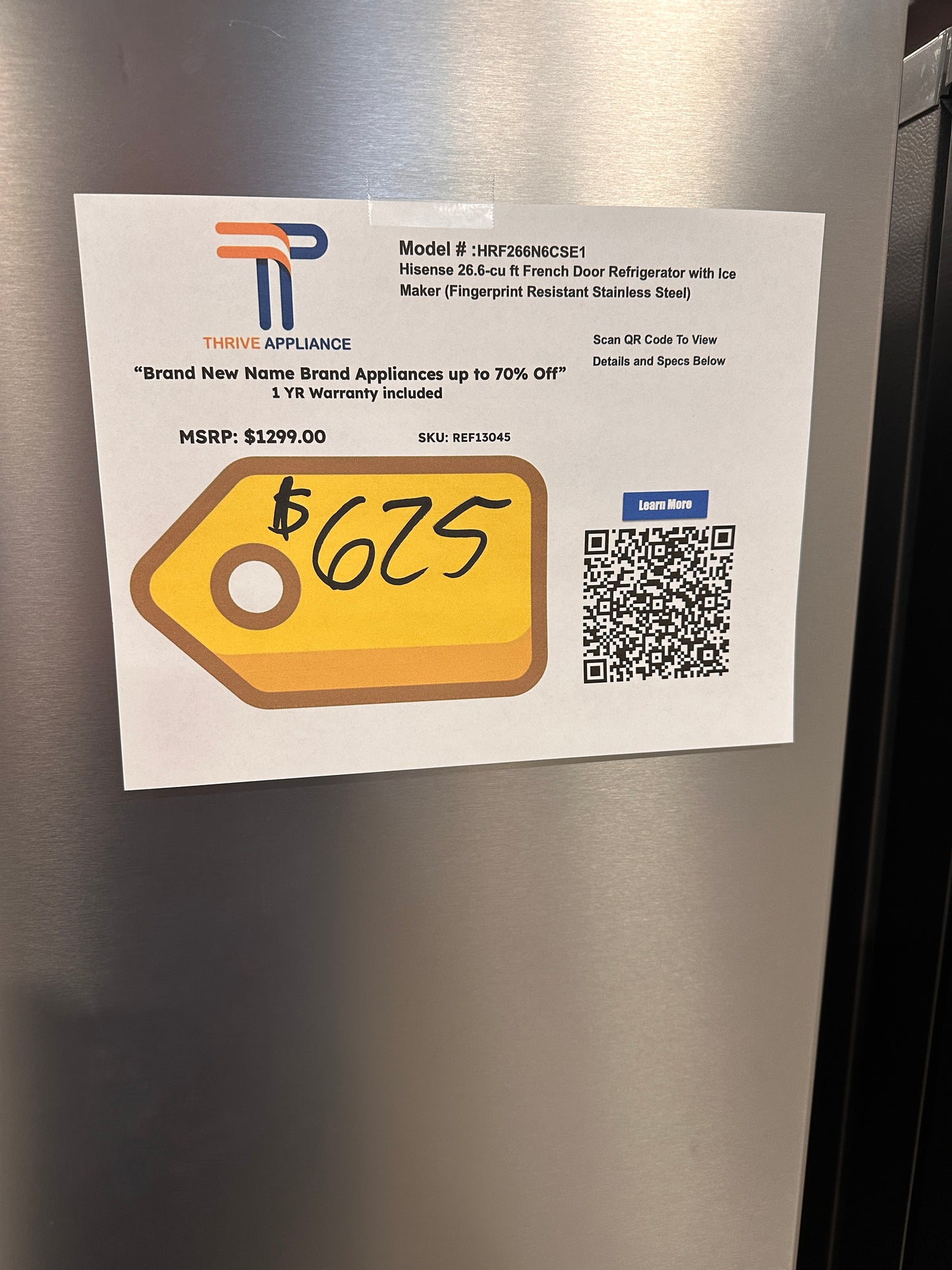 NEW HISENSE FRENCH DOOR REFRIGERATOR MODEL: HRF266N6CSE1 REF13045
